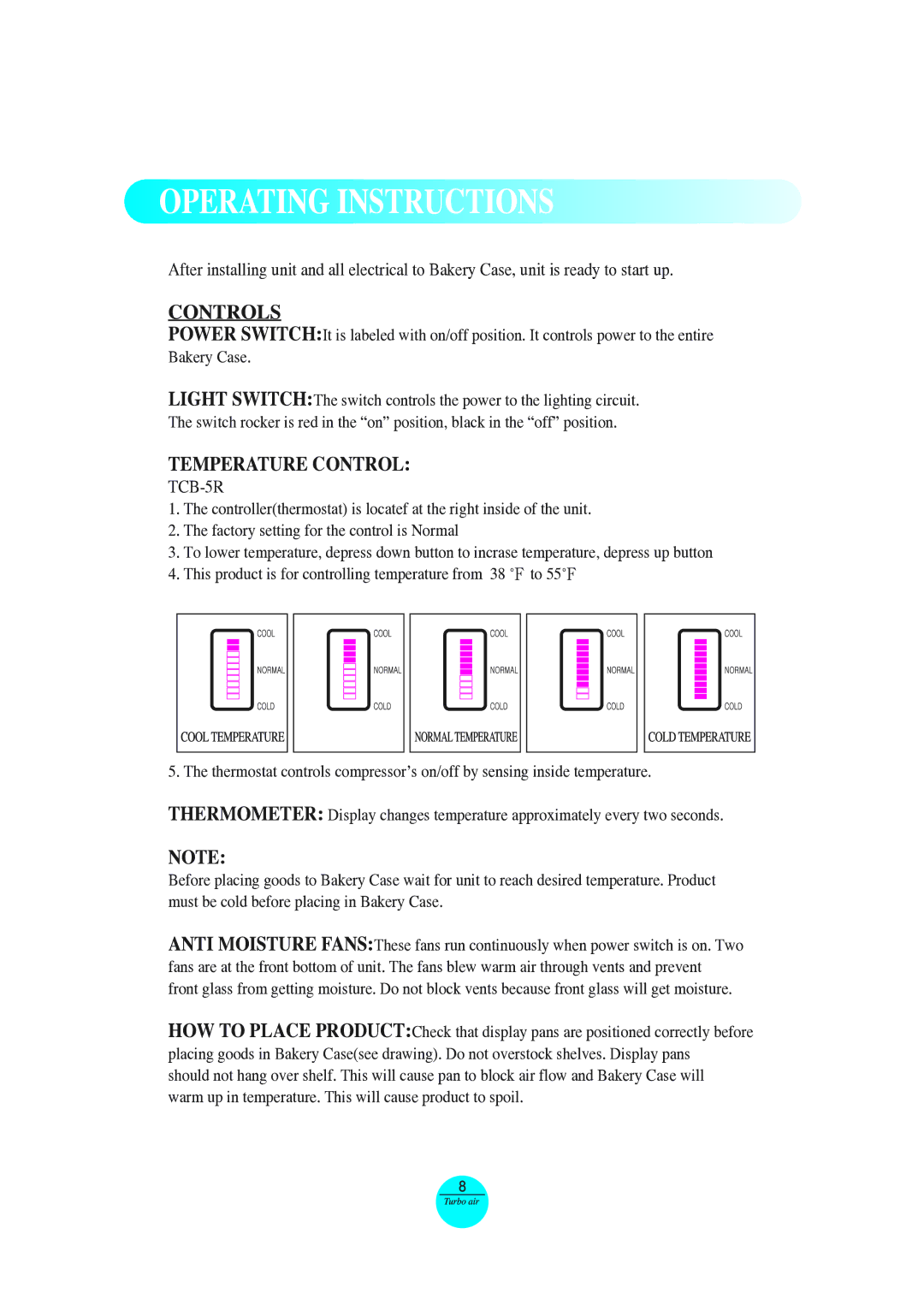 Turbo Air TCB-5R manual Operating Instructions, Controls, Temperature Control 
