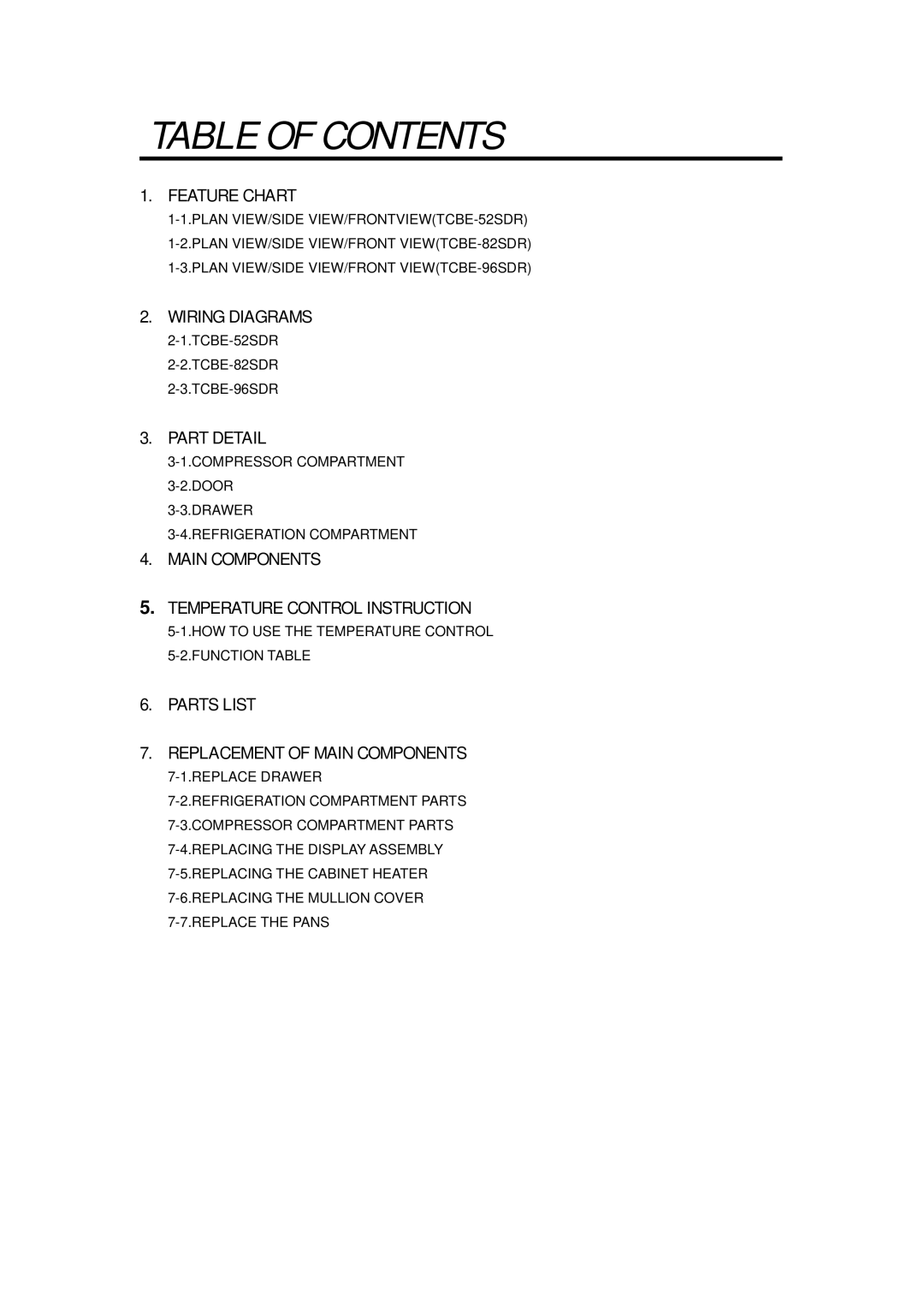 Turbo Air TCBE-52SDR, TCBE-82SDR, TCBE-96SDR manual Table of Contents 