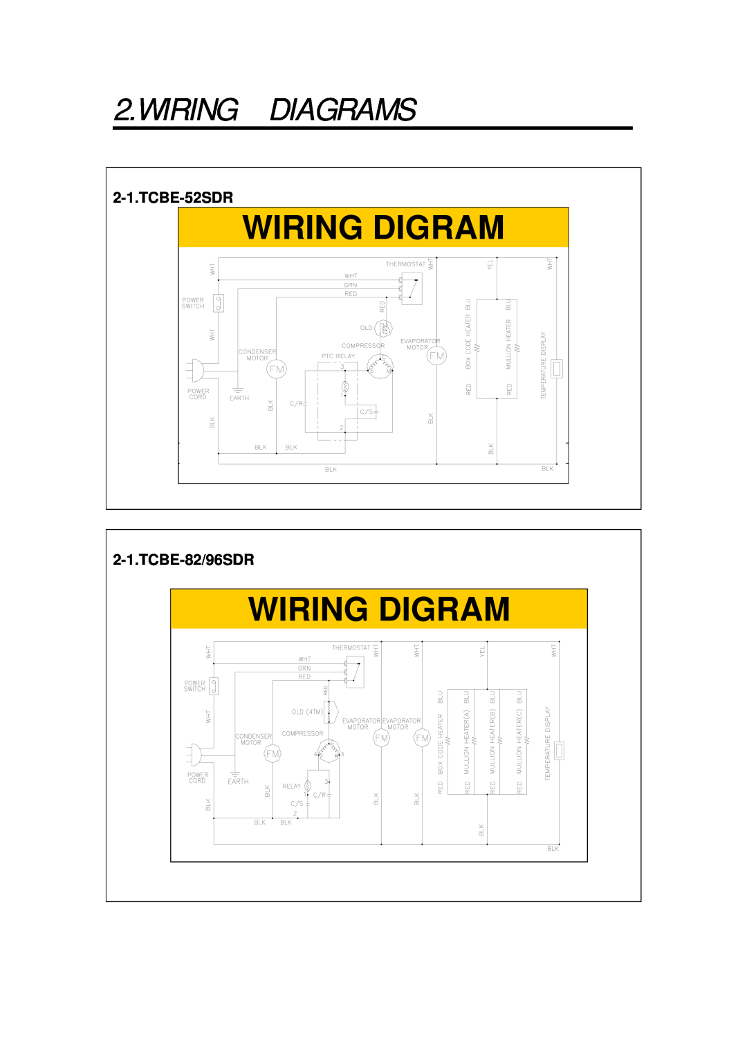 Turbo Air TCBE-82SDR, TCBE-96SDR manual Wiring Diagrams, TCBE-52SDR, TCBE-82/96SDR, Wiring Digram 