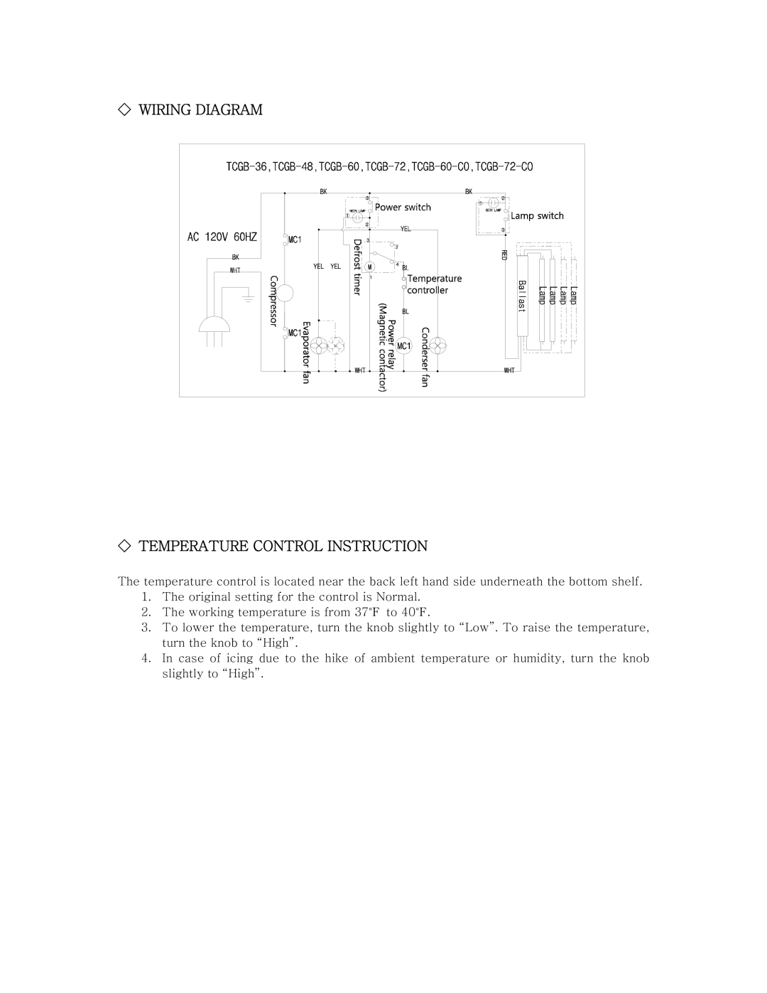 Turbo Air TCGB-60-CO, TCGB-36, TCGB-72-CO, TCGB-48 service manual Wiring Diagram Temperature Control Instruction 