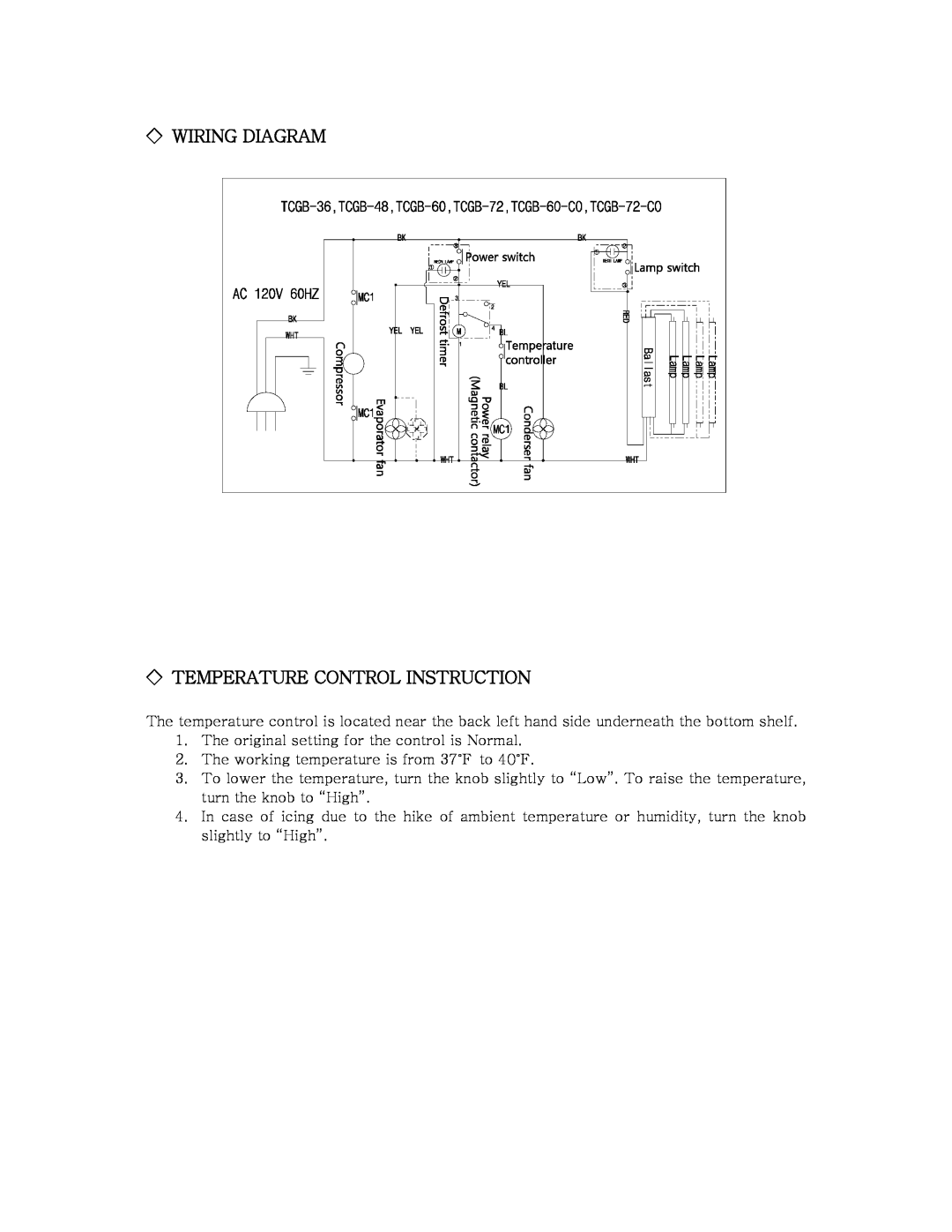Turbo Air TCGB-60-CO The original setting for the control is Normal, Wiring Diagram Temperature Control Instruction 