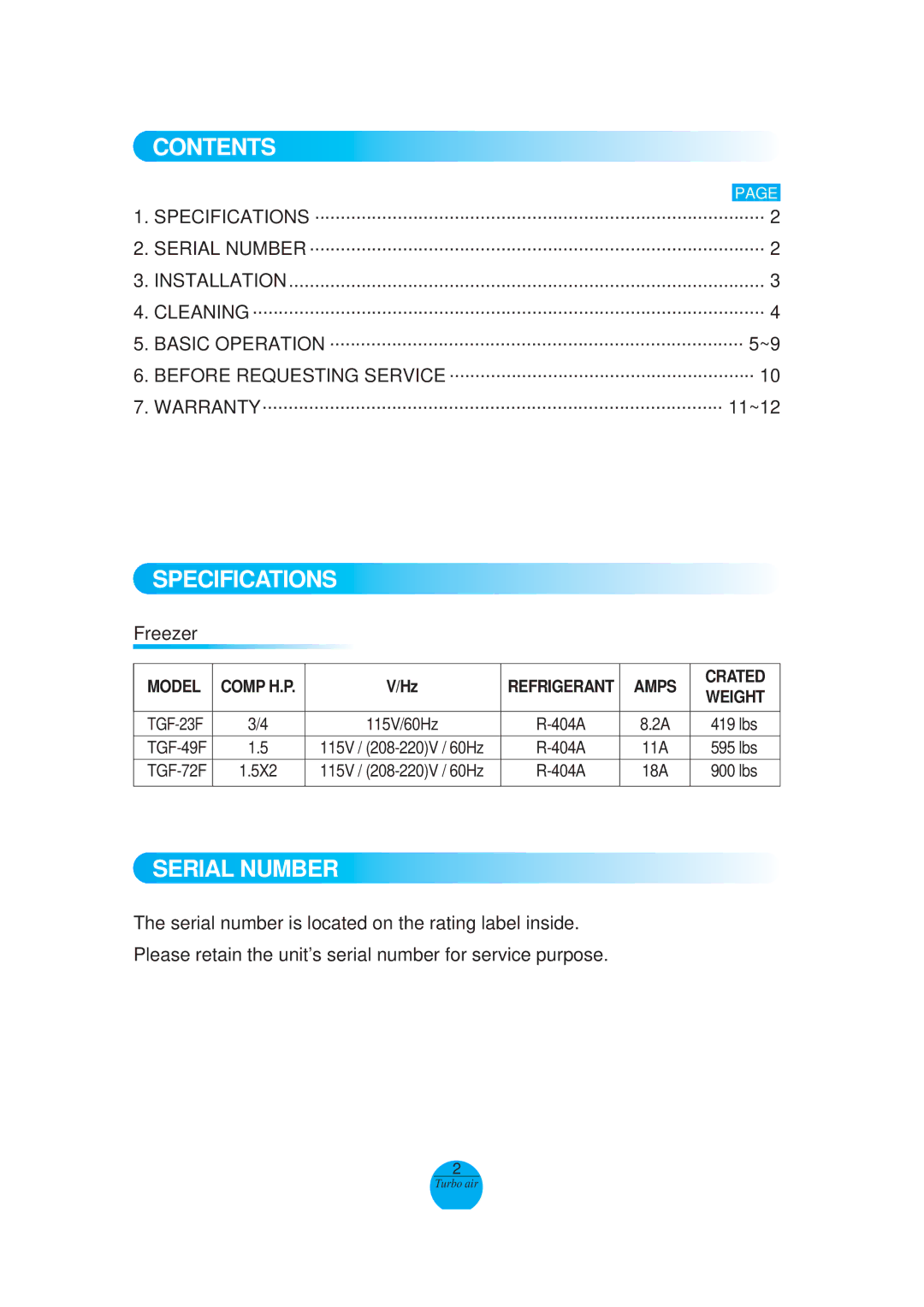 Turbo Air TGF-72F, TGF-49F, TGF-23F operation manual Contents 