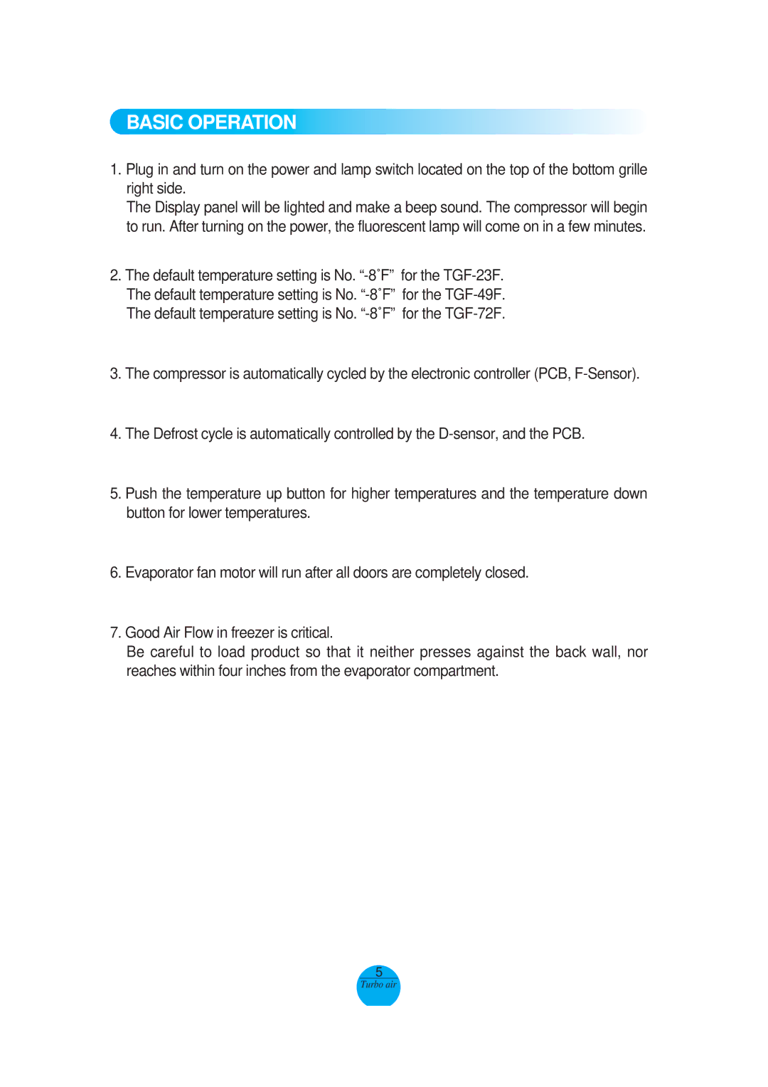 Turbo Air TGF-72F, TGF-49F, TGF-23F operation manual Basic Operation 