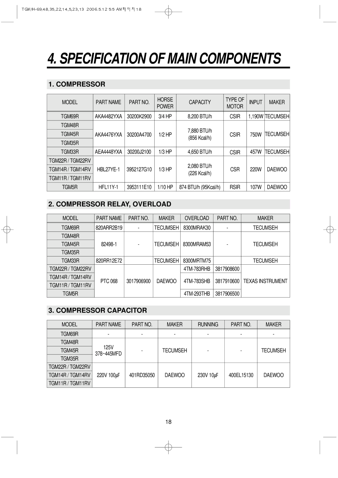 Turbo Air TGM-69R, TGM-5R, TGM-22R, TGM-48R, TGM-11RV, TGM-14R, TGM-45R Compressor RELAY, Overload, Compressor Capacitor 