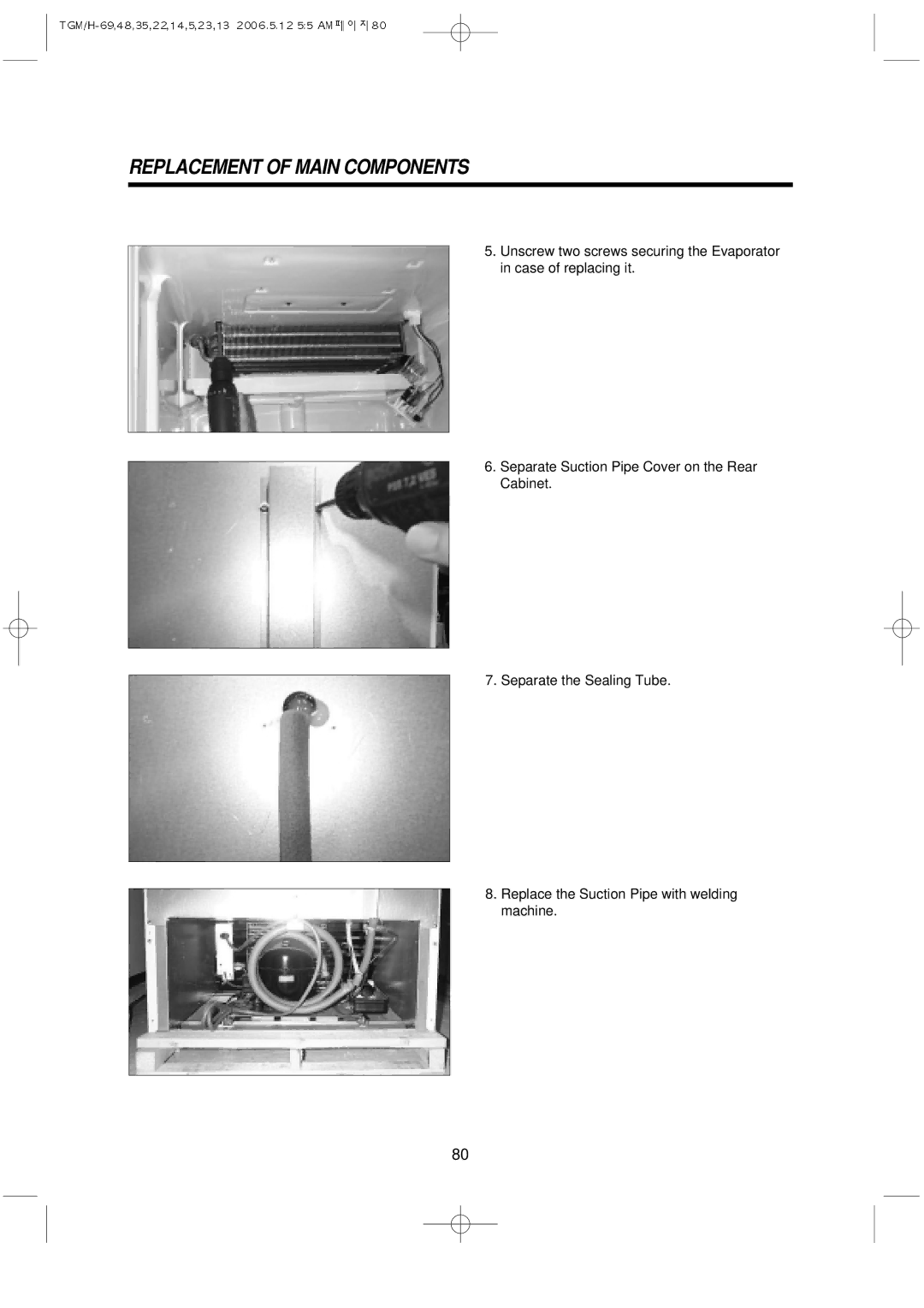 Turbo Air TGM-35R, TGM-5R, TGM-22R, TGM-48R, TGM-11RV, TGM-14R, TGM-69R, TGM-45R, TGM-33R manual Replacement of Main Components 