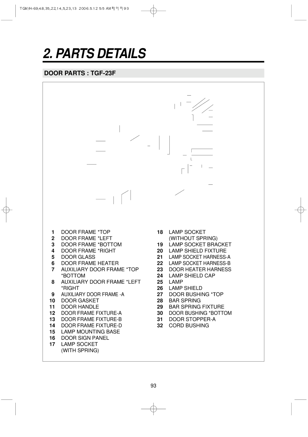 Turbo Air TGM-69R, TGM-5R, TGM-22R, TGM-48R, TGM-11RV, TGM-14R, TGM-45R, TGM-35R, TGM-33R Parts Details, Door Parts TGF-23F 