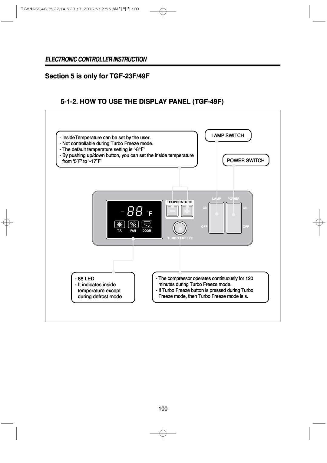 Turbo Air TGF-13F, TGM-5R Electronic Controller Instruction, is only for TGF-23F/49F, HOW TO USE THE DISPLAY PANEL TGF-49F 