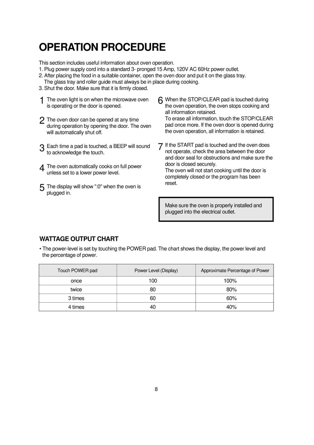 Turbo Air TMW-1100E manual Operation Procedure, Wattage Output Chart 