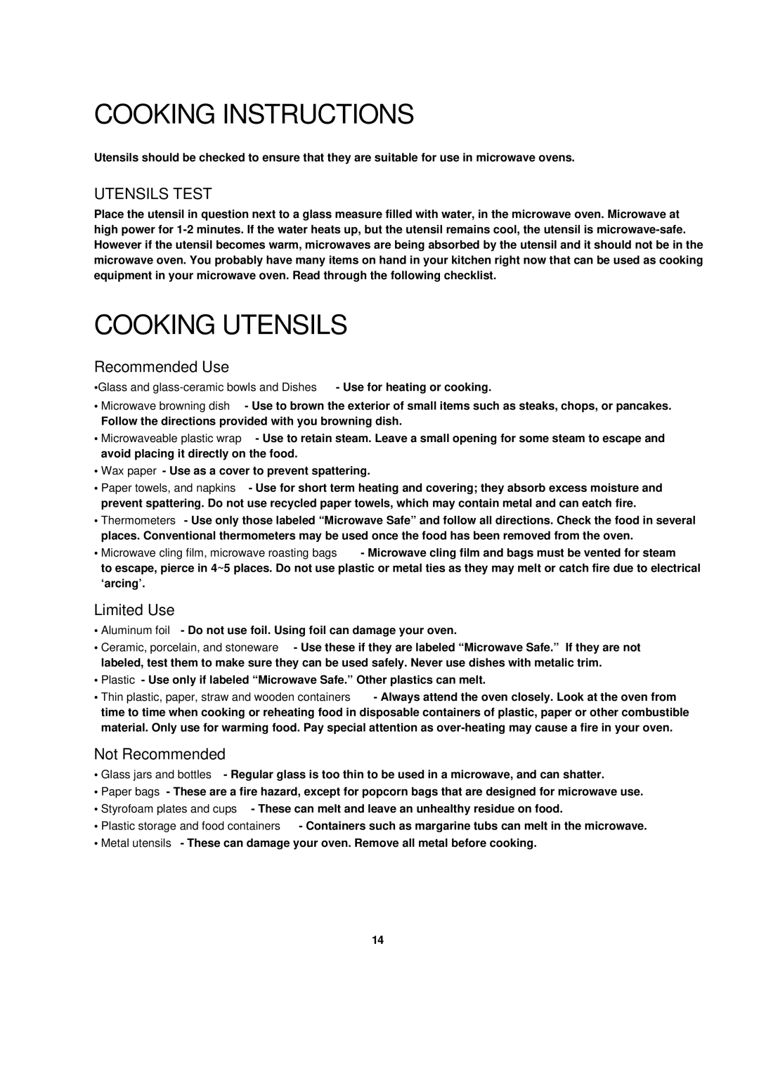 Turbo Air TMW-1100E manual Cooking Instructions, Cooking Utensils 