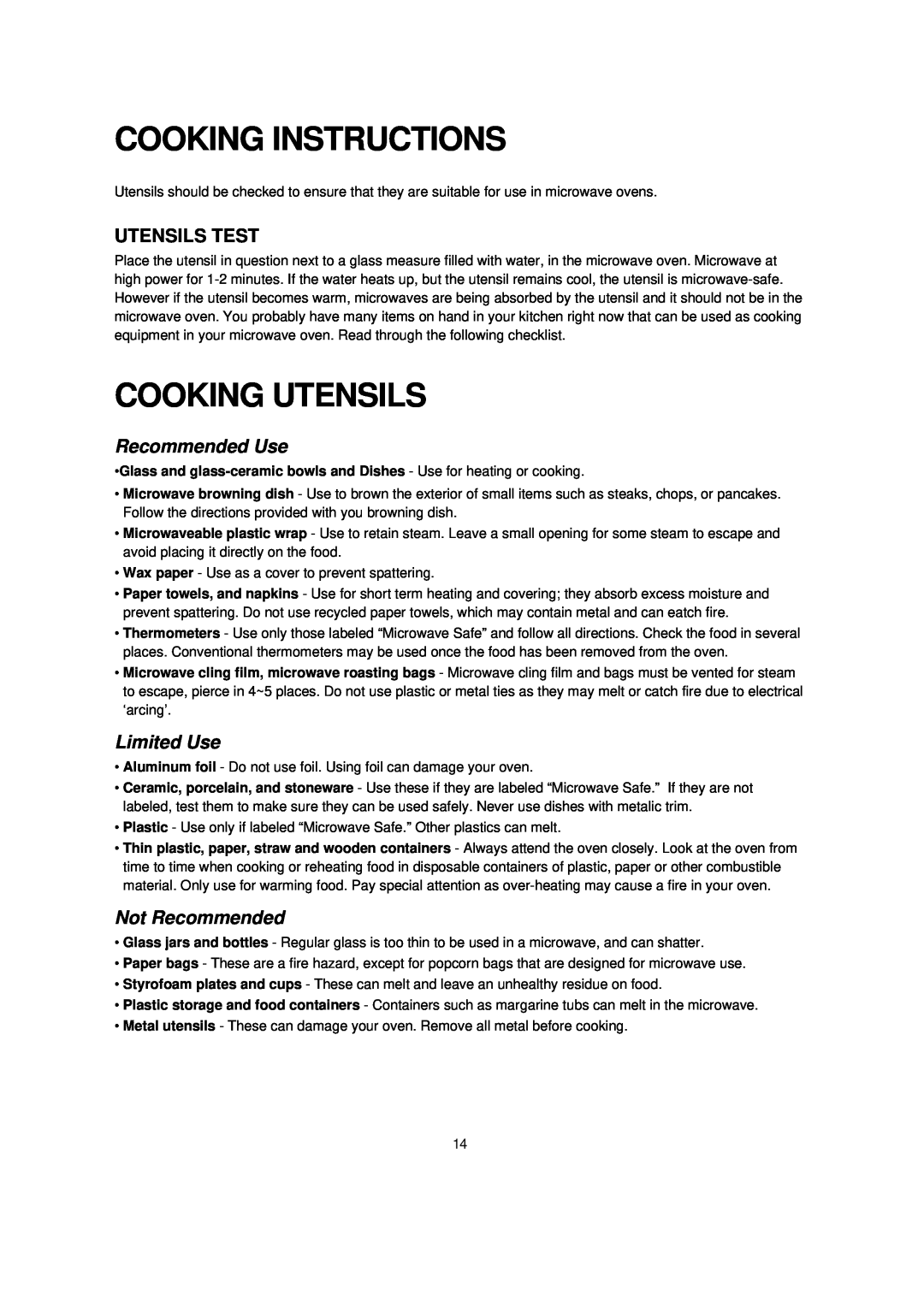 Turbo Air TMW-1100E manual Cooking Instructions, Cooking Utensils, Recommended Use, Limited Use, Not Recommended 
