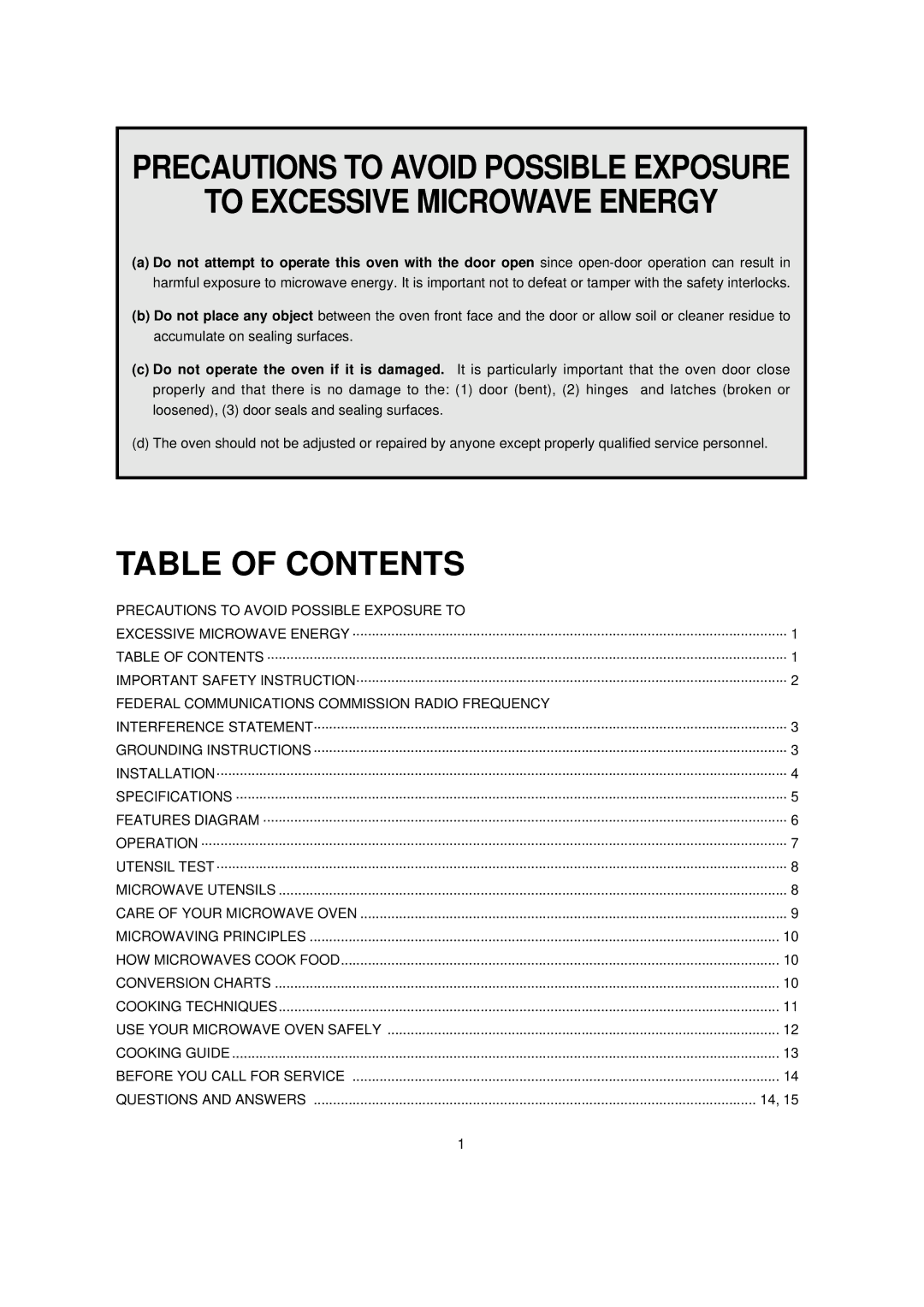 Turbo Air TMW-1100M manual To Excessive Microwave Energy, Table of Contents 