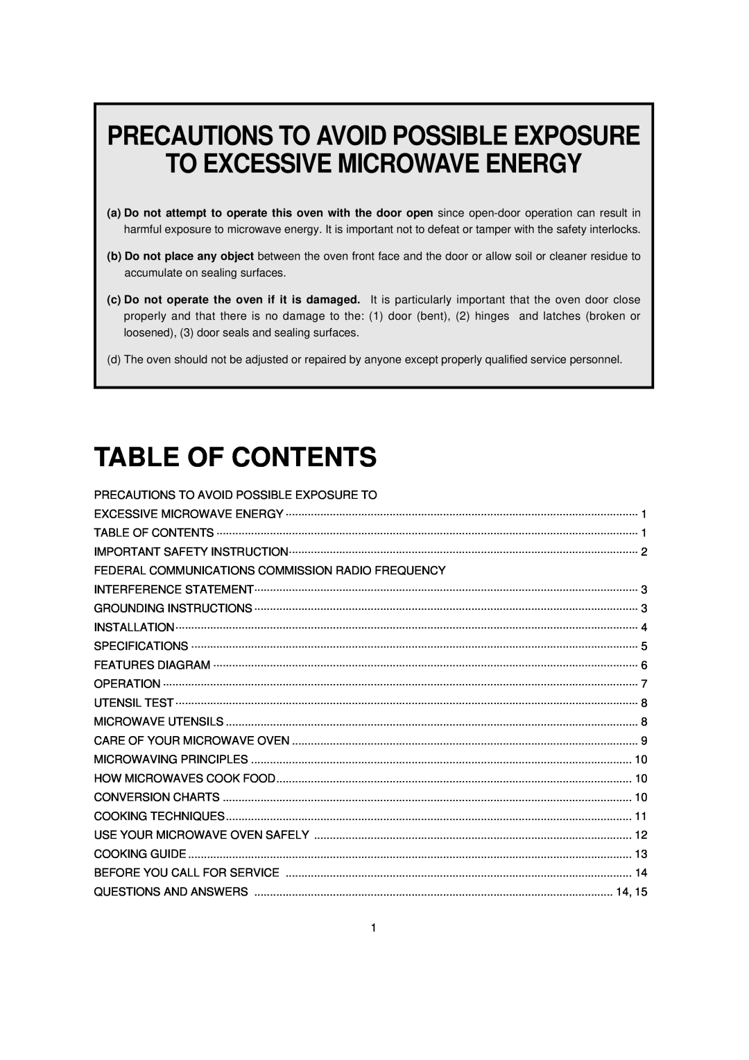 Turbo Air TMW-1100M manual To Excessive Microwave Energy, Table Of Contents, Precautions To Avoid Possible Exposure 