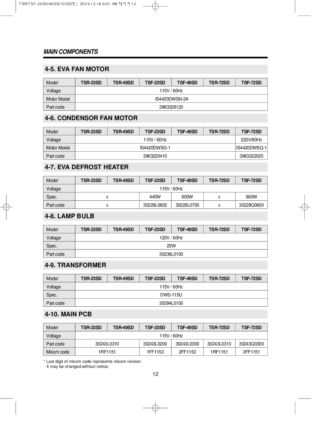 Turbo Air TSF-49SD, TSF-72SD, TSF-23SD, TSR-72SD, TSR-49SD, TSR-23SD EVA FAN Motor, EVA Defrost Heater, Lamp Bulb, Transformer 