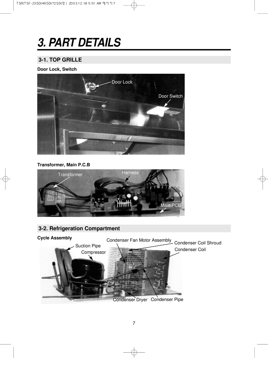 Turbo Air TSF-23SD, TSF-72SD, TSF-49SD Part Details, TOP Grille, Door Lock, Switch, Transformer, Main P.C.B, Cycle Assembly 