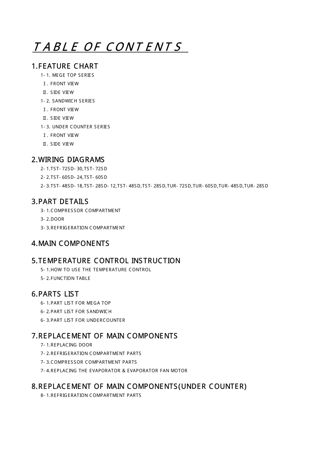 Turbo Air TST-28SD-12, TST-72SD-30, TST-48SD-18, TST-60SD-24 manual Table of Contents 