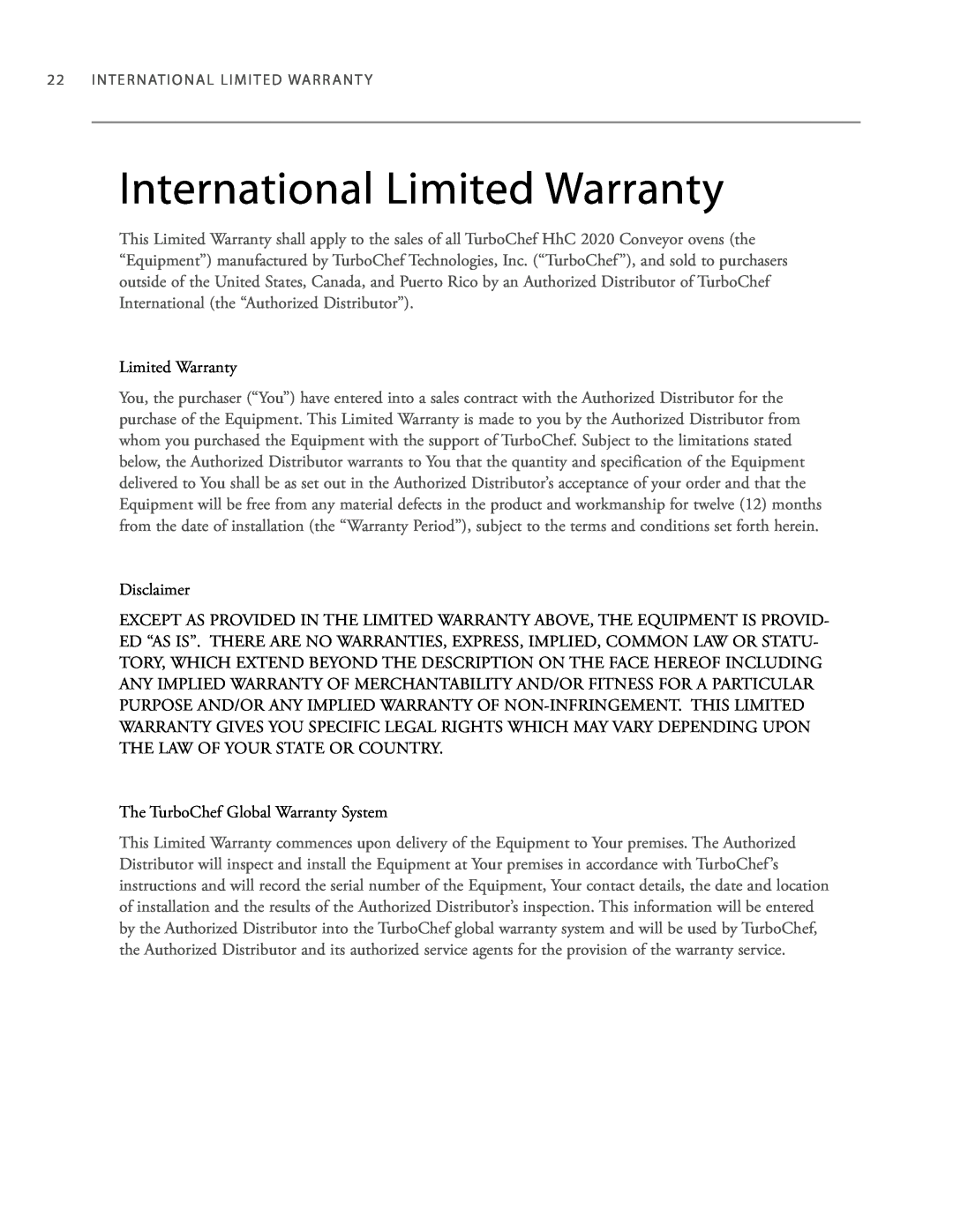 Turbo Chef Technologies 2020 HIGH h manual International Limited Warranty, International Limited Warrant Y 