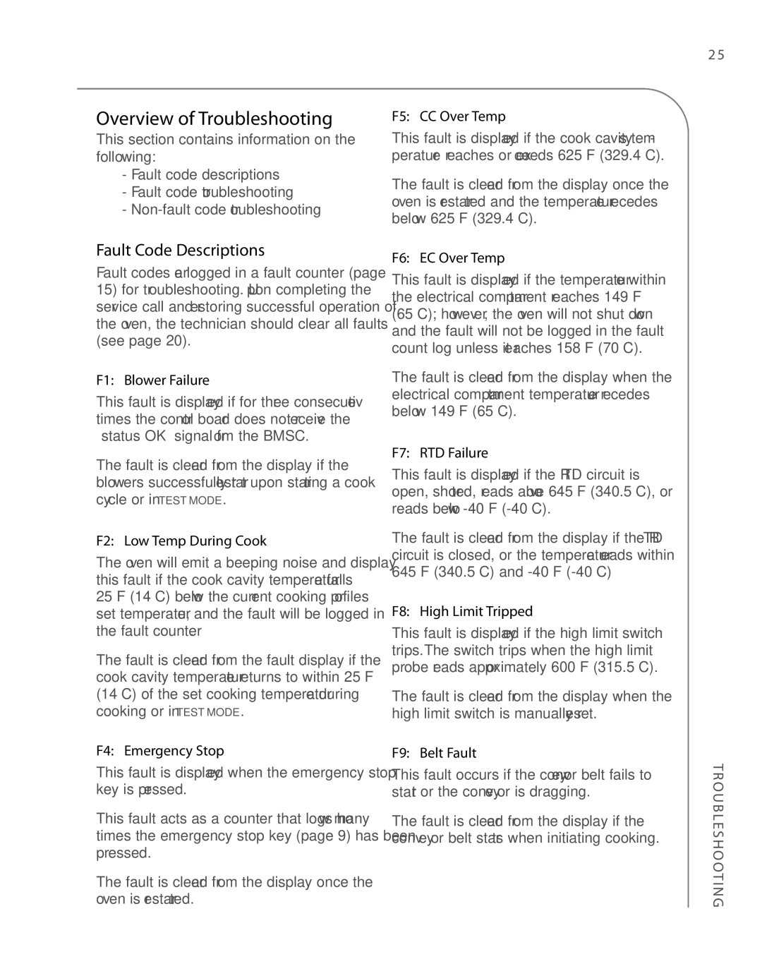 Turbo Chef Technologies 2020 manual Overview of Troubleshooting, Fault Code Descriptions 