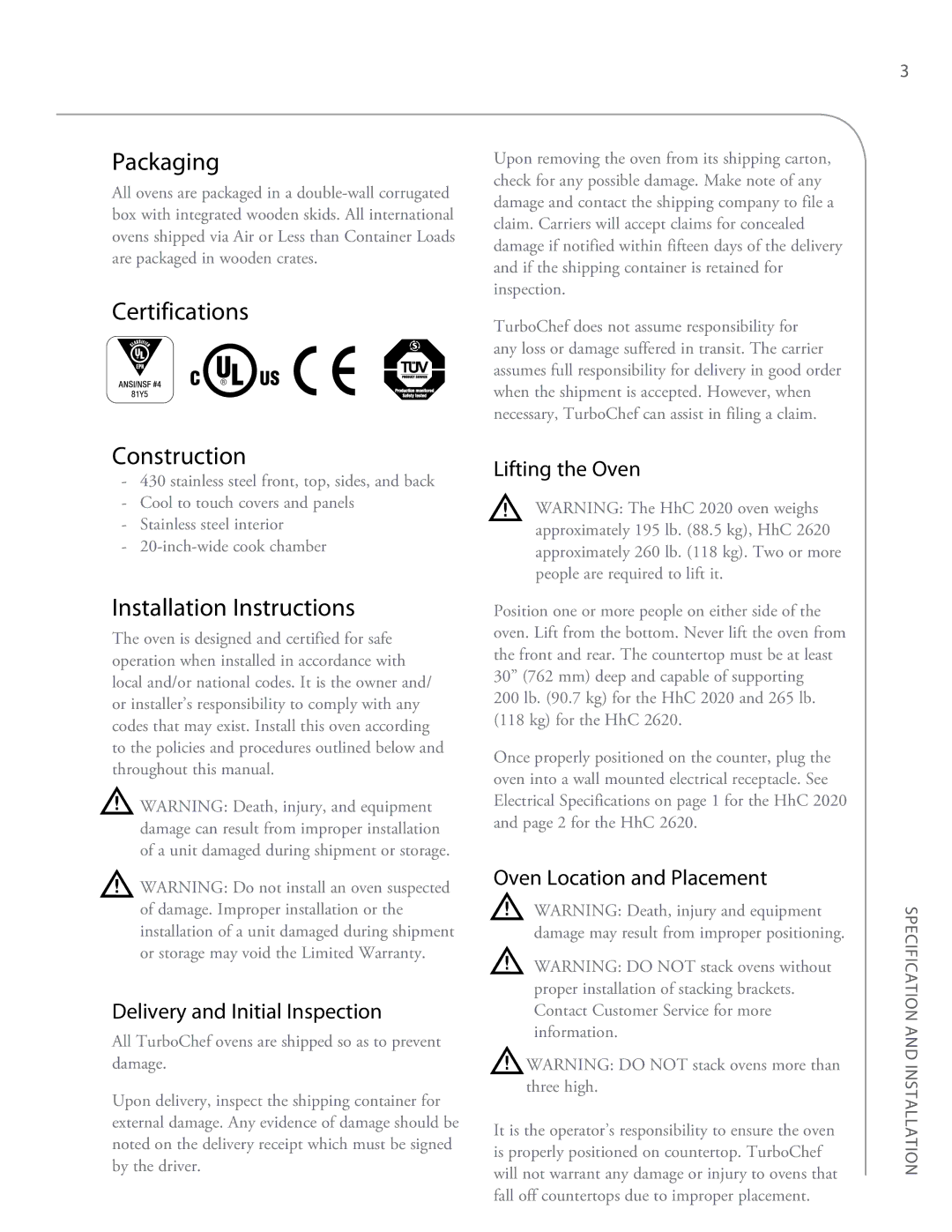 Turbo Chef Technologies 2020, 2620 owner manual Packaging, Certifications, Construction, Installation Instructions 