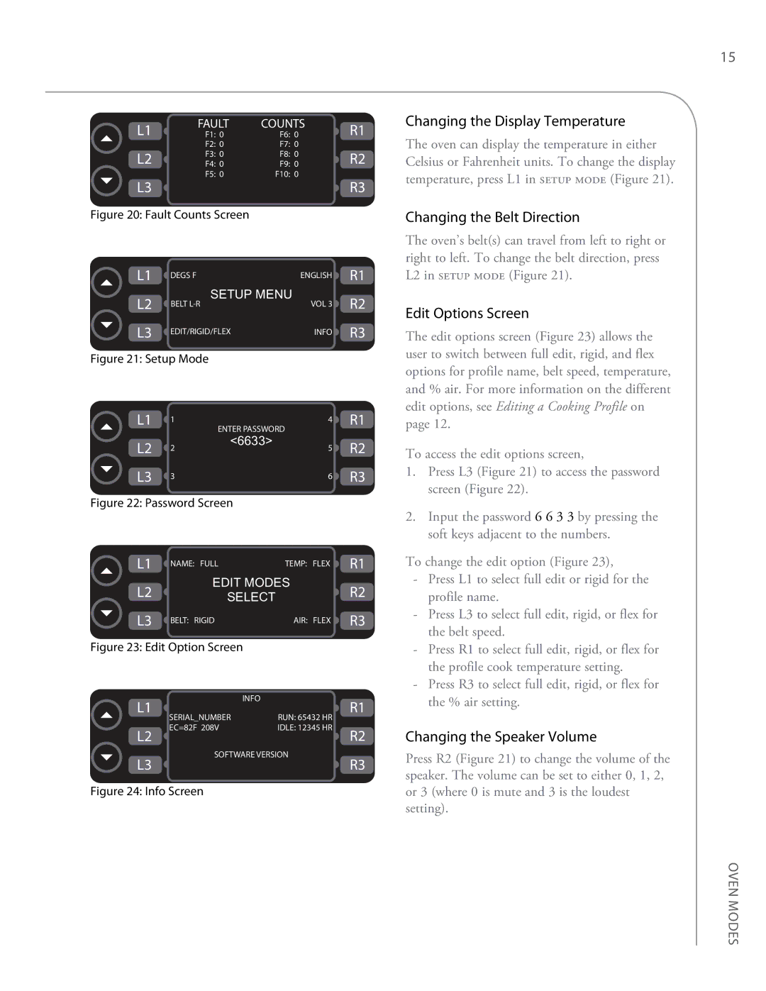 Turbo Chef Technologies 2020, 2620 Changing the Display Temperature, Changing the Belt Direction, Edit Options Screen 