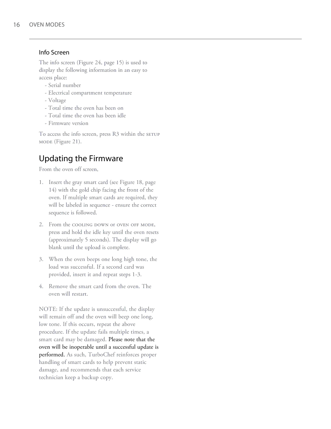 Turbo Chef Technologies 2620, 2020 owner manual Updating the Firmware, Info Screen 