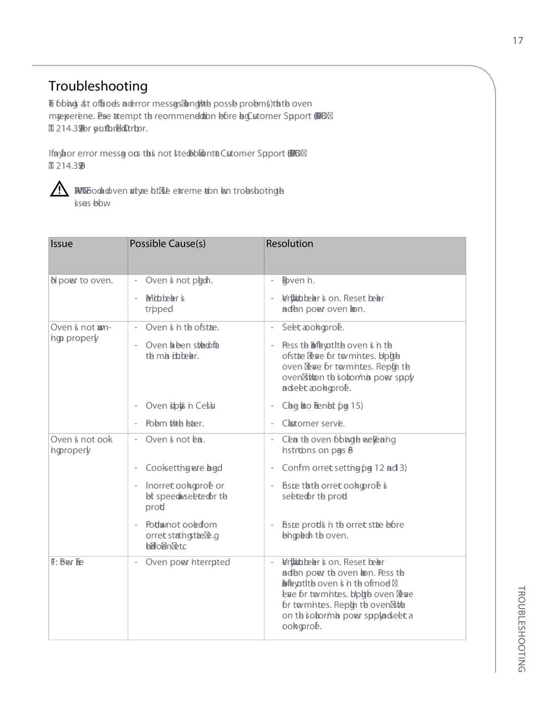 Turbo Chef Technologies 2020, 2620 owner manual Troubleshooting, Issue Possible Causes Resolution 