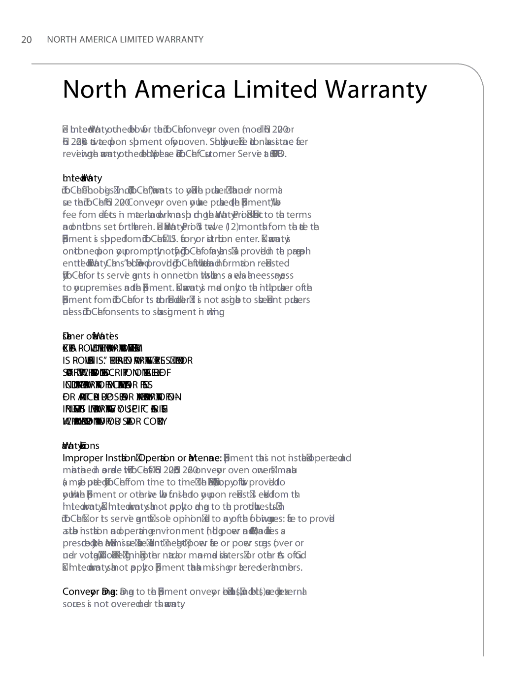 Turbo Chef Technologies 2620, 2020 owner manual North America Limited Warranty 