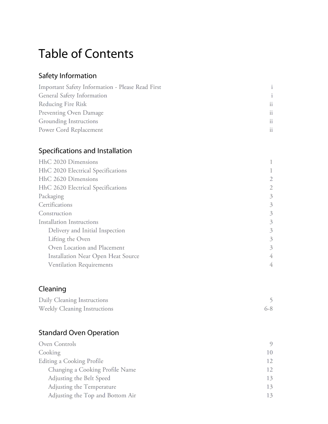 Turbo Chef Technologies 2020, 2620 owner manual Table of Contents 