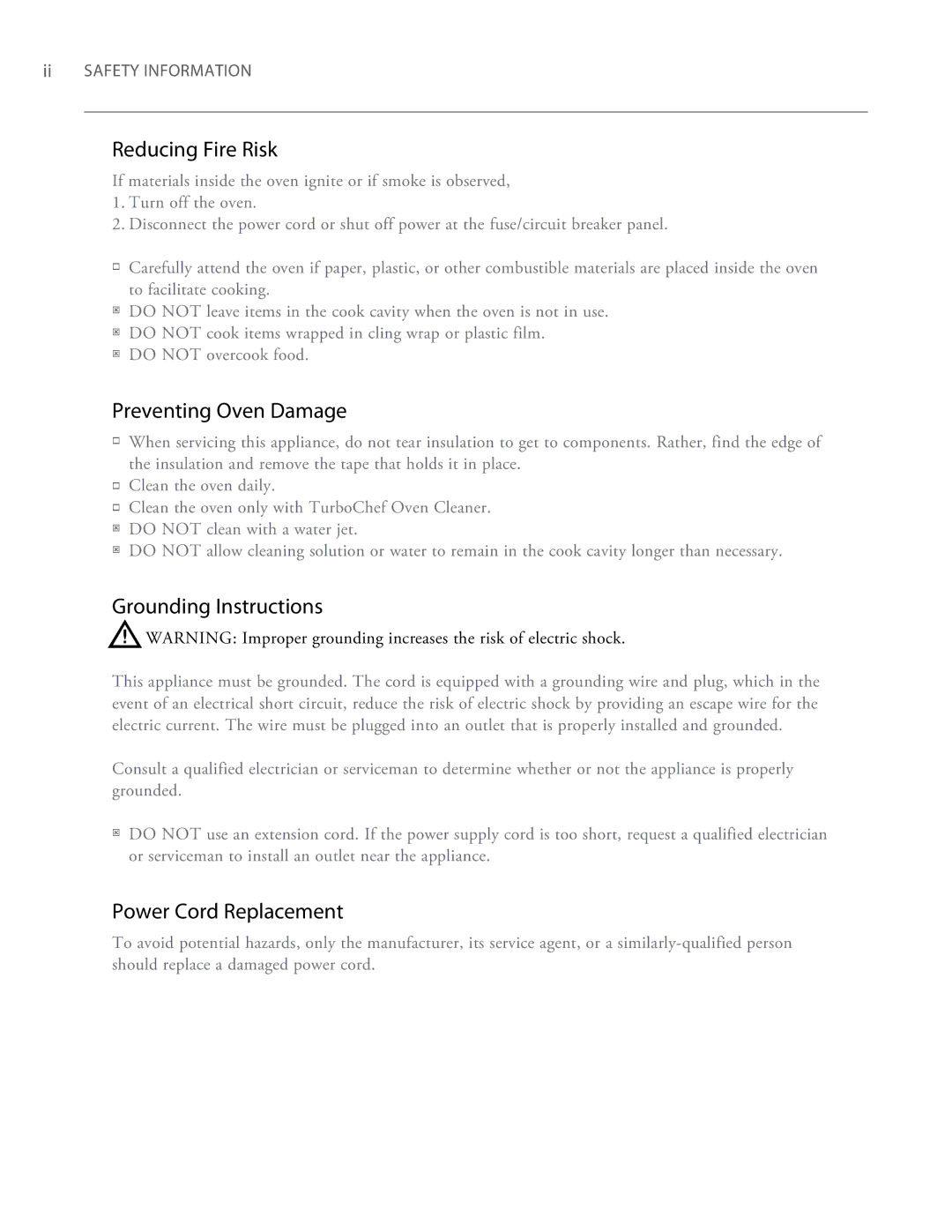 Turbo Chef Technologies 2620 Reducing Fire Risk, Preventing Oven Damage, Grounding Instructions, Power Cord Replacement 