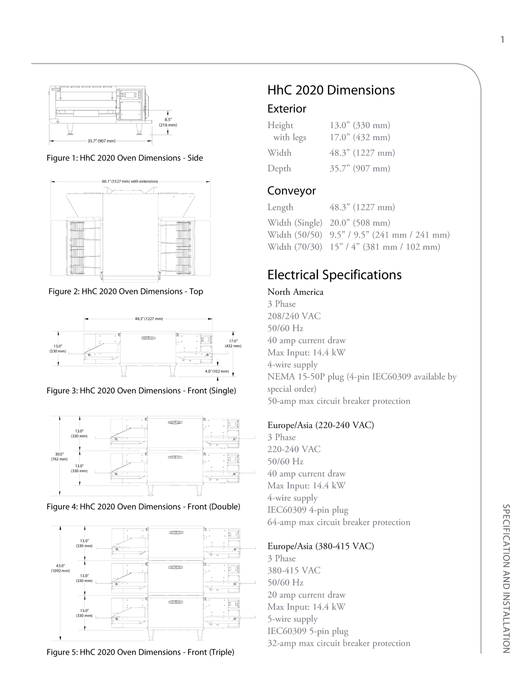 Turbo Chef Technologies 2620 owner manual HhC 2020 Dimensions, Electrical Specifications, Exterior, Conveyor 