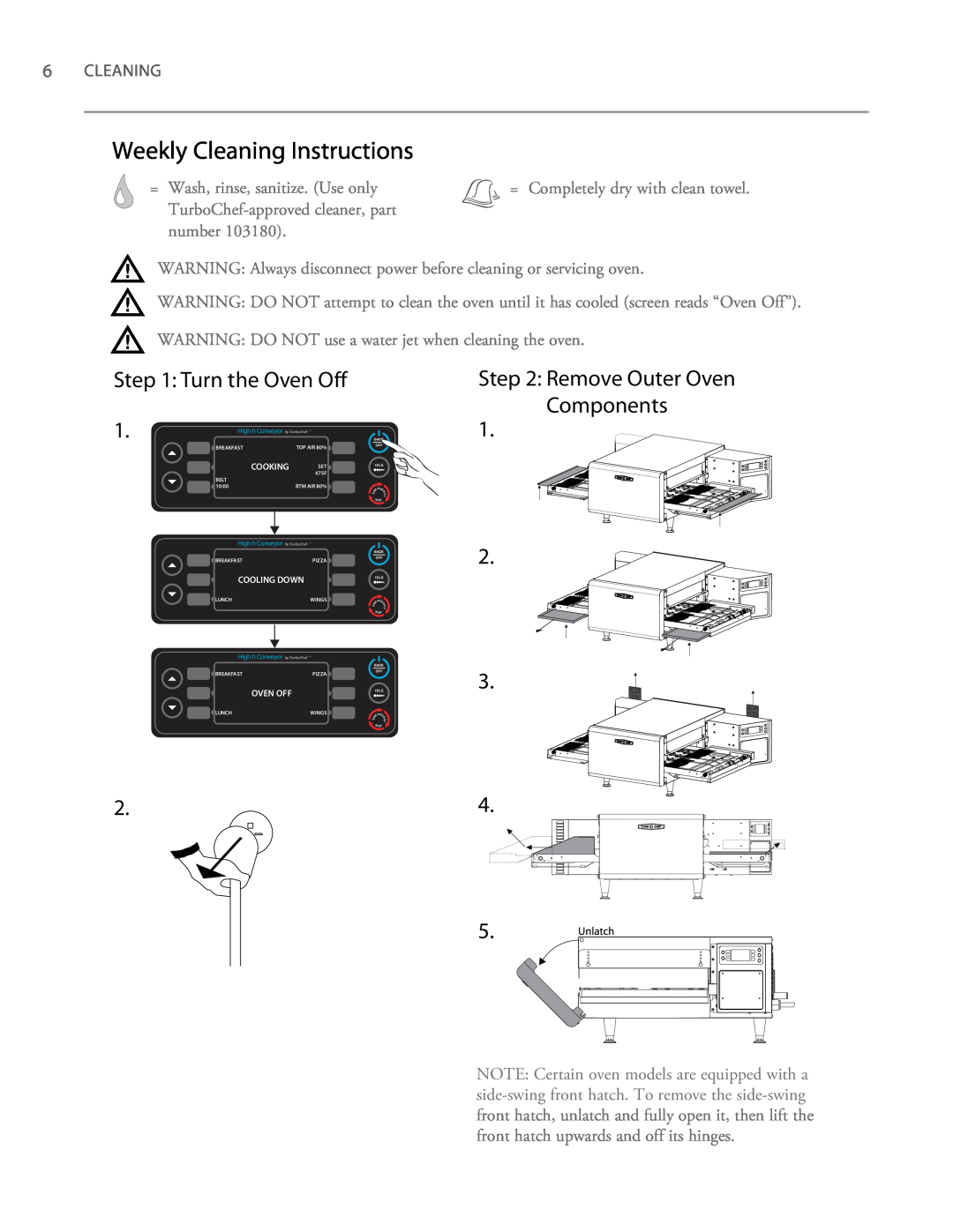 Turbo Chef Technologies 2620, 2020 owner manual Weekly Cleaning Instructions, Turn the Oven O, Remove Outer Oven Components 