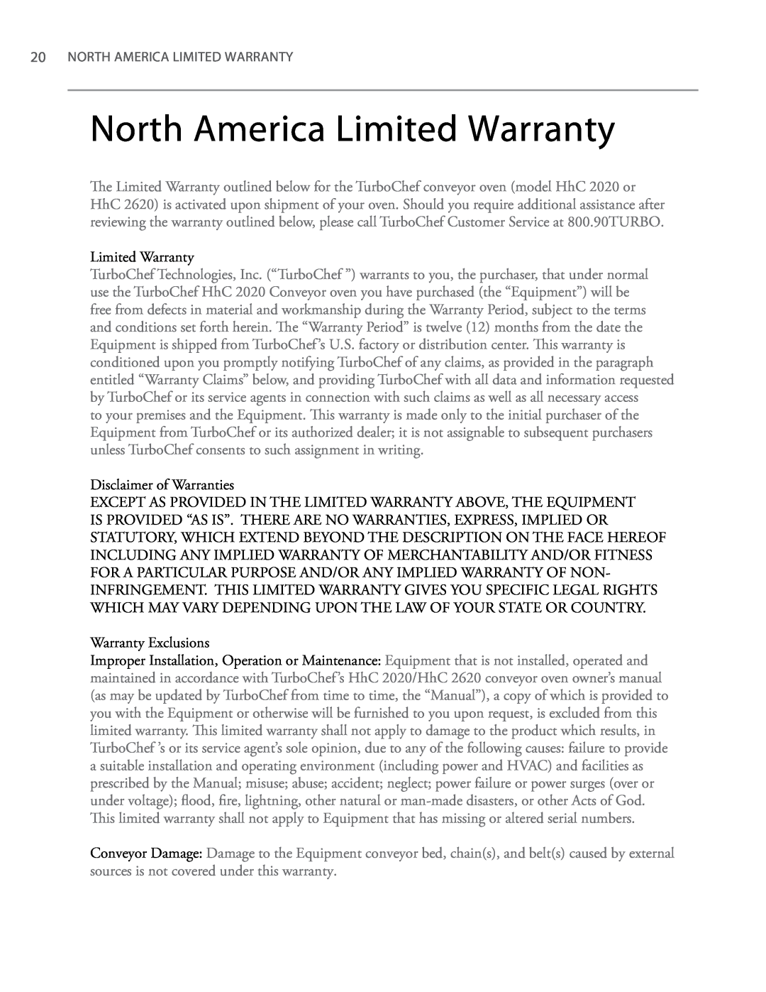 Turbo Chef Technologies 2620, 2020 owner manual North America Limited Warranty 