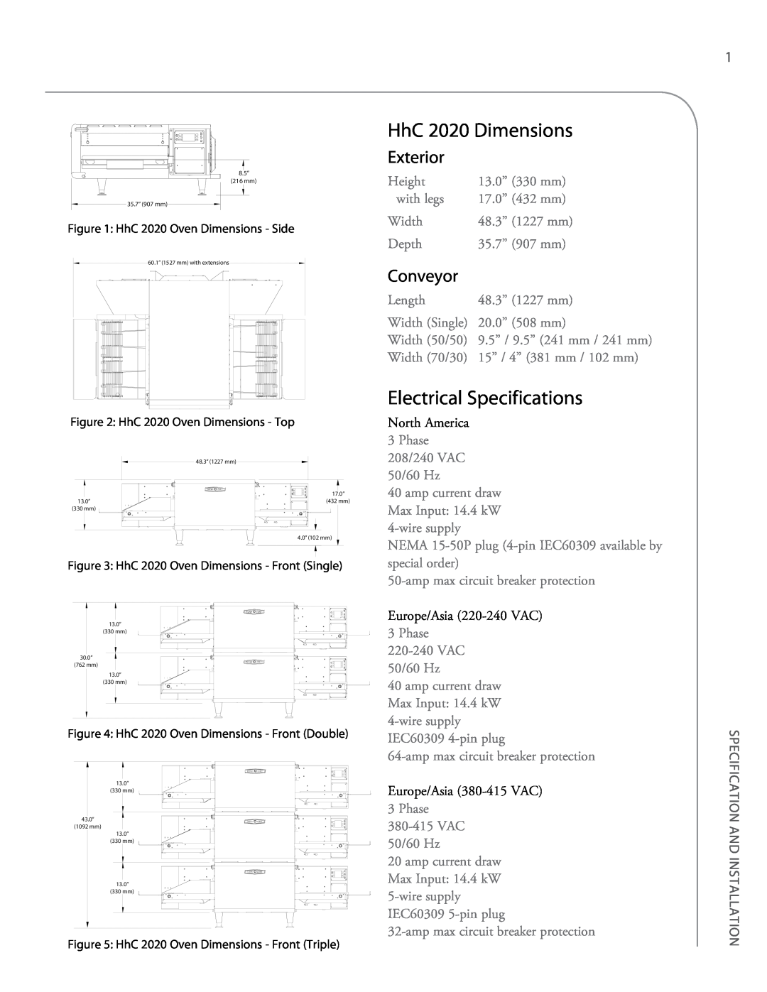 Turbo Chef Technologies 2620 owner manual HhC 2020 Dimensions, Electrical Specifications, Exterior, Conveyor 