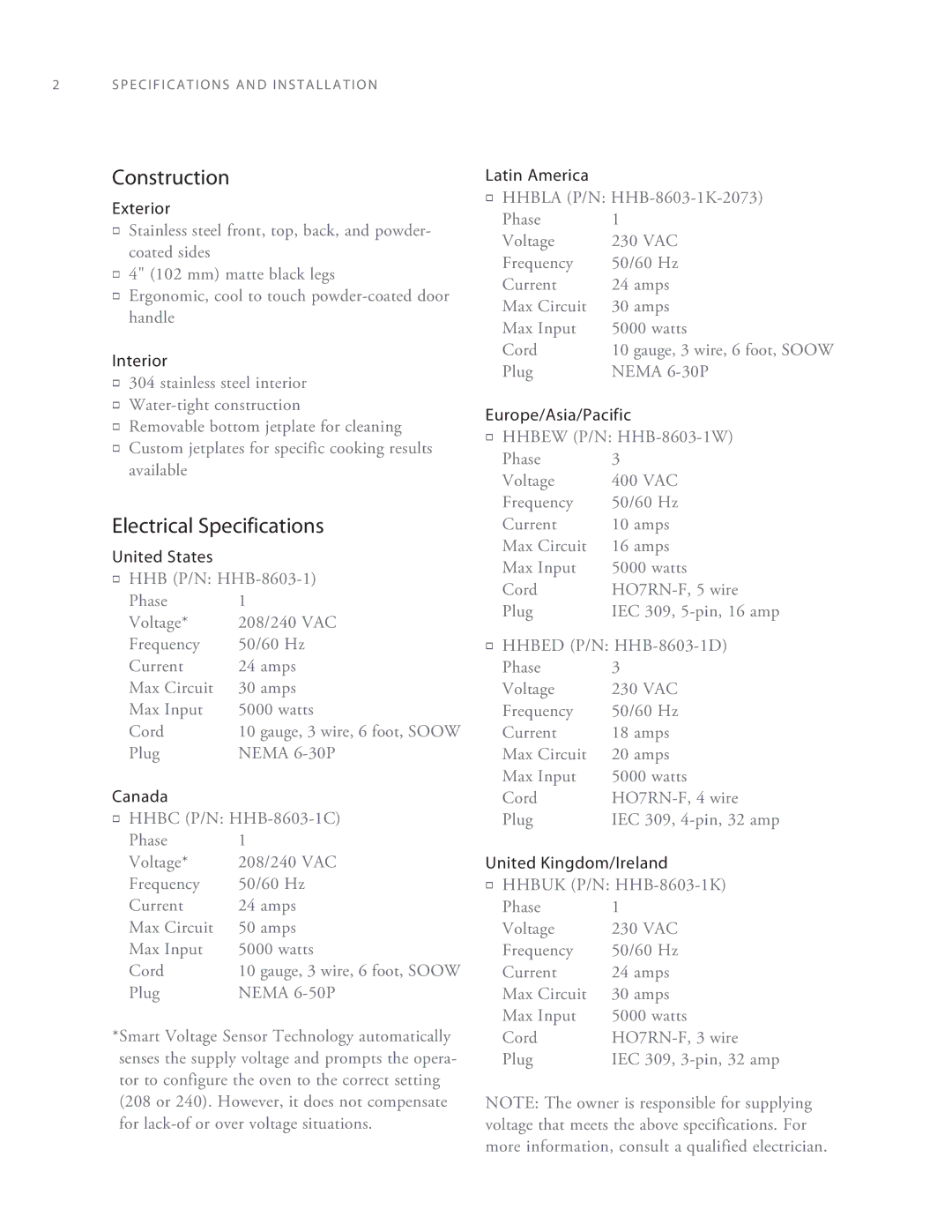 Turbo Chef Technologies 2TM manual Construction, Electrical Specifications 