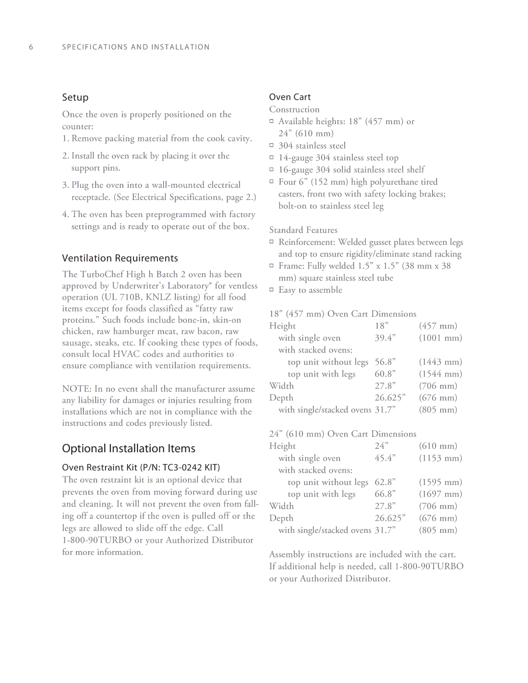 Turbo Chef Technologies 2TM manual Optional Installation Items, Setup, Ventilation Requirements, Oven Cart 