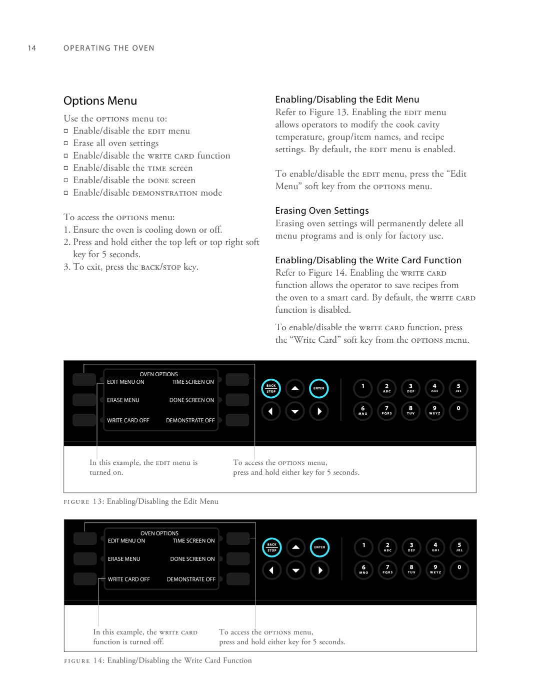 Turbo Chef Technologies 2TM manual Options Menu, Enabling/Disabling the Edit Menu, Erasing Oven Settings 