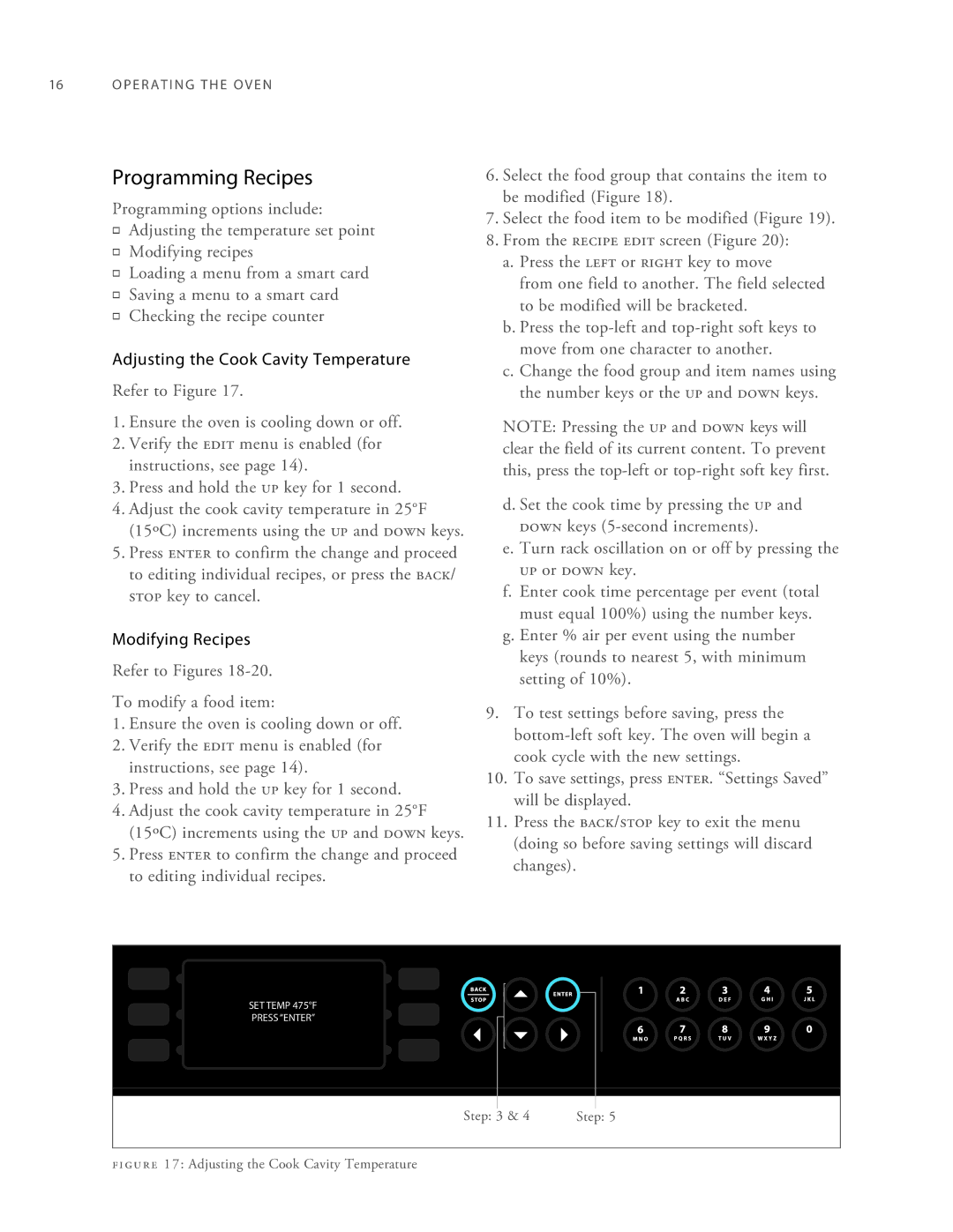 Turbo Chef Technologies 2TM manual Programming Recipes, Adjusting the Cook Cavity Temperature, Modifying Recipes 