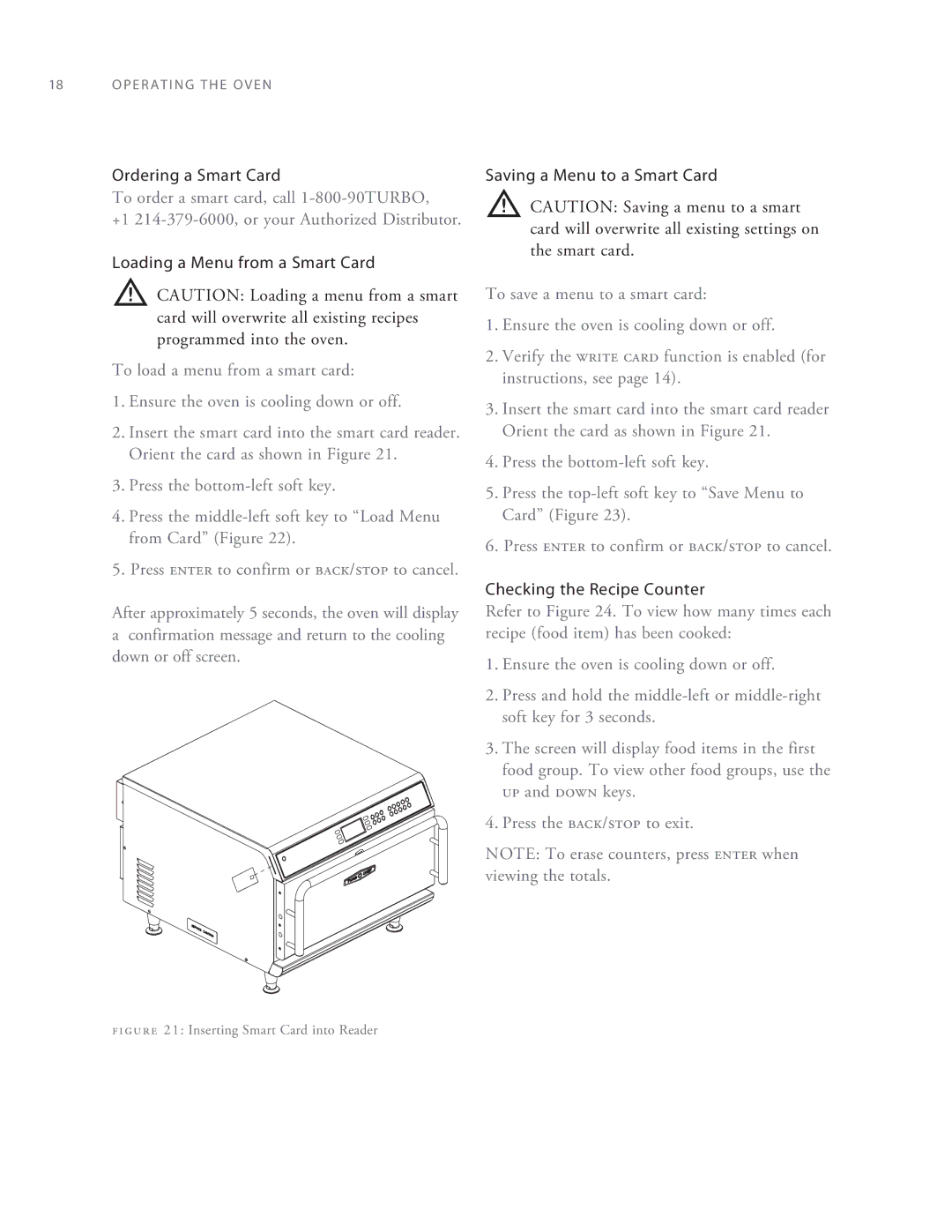 Turbo Chef Technologies 2TM manual Ordering a Smart Card, Loading a Menu from a Smart Card, Saving a Menu to a Smart Card 