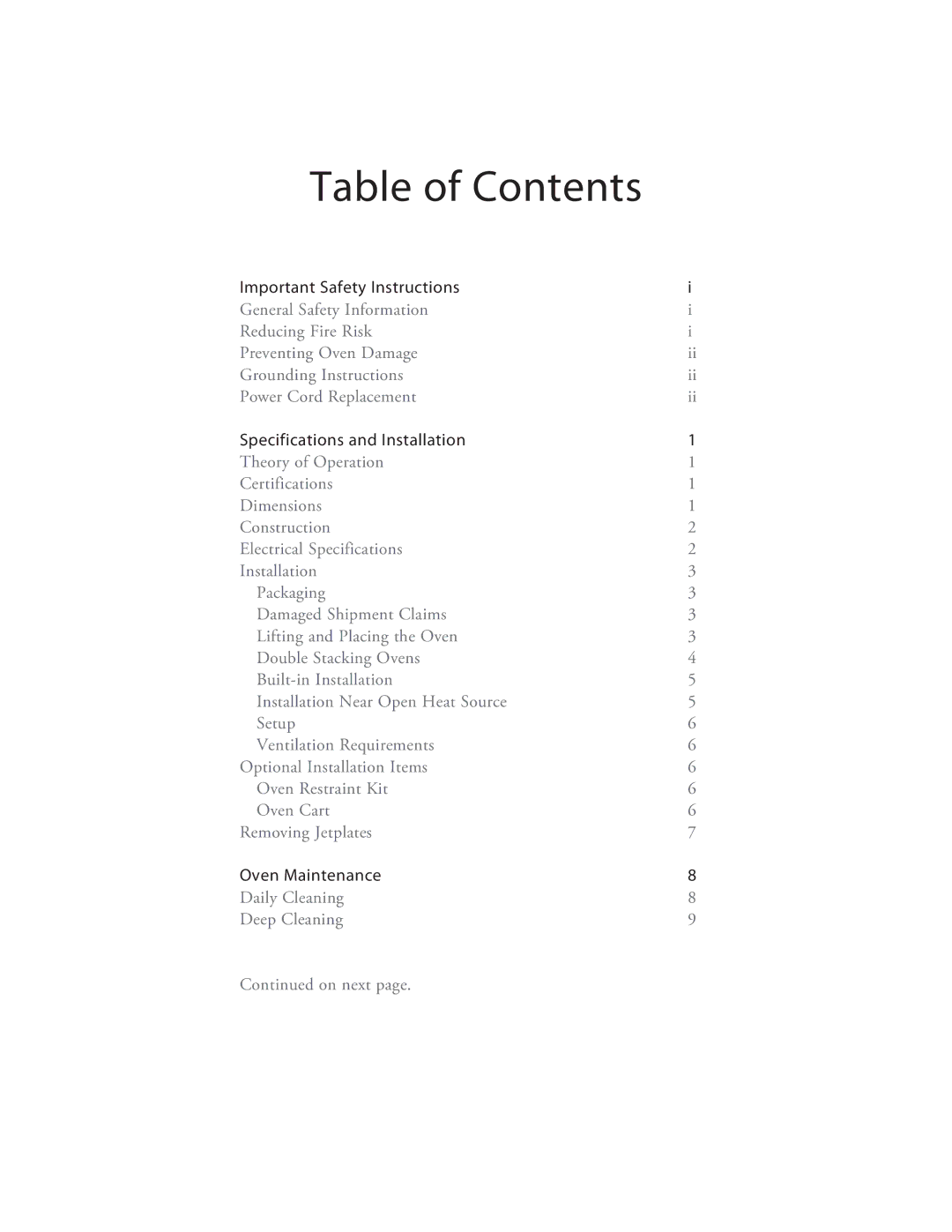 Turbo Chef Technologies 2TM manual Table of Contents 