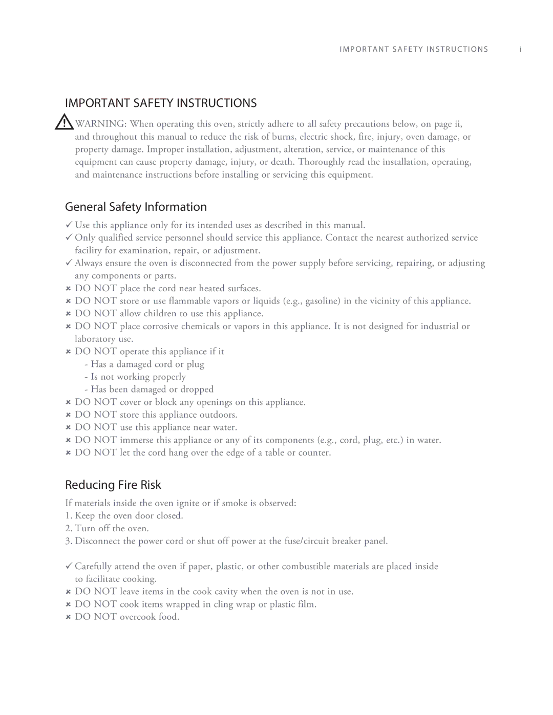 Turbo Chef Technologies 2TM manual General Safety Information, Reducing Fire Risk 