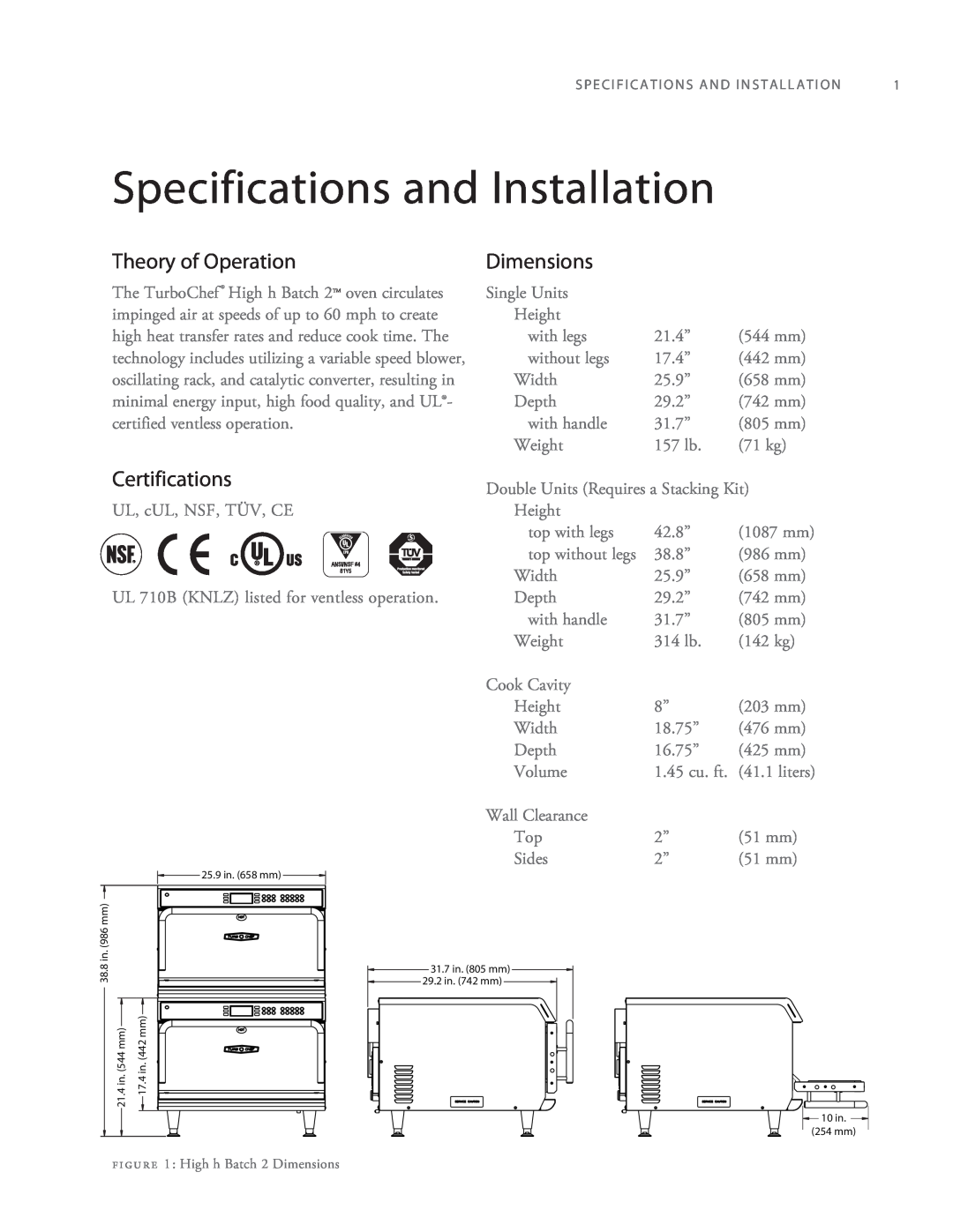 Turbo Chef Technologies 2TM manual Specifications and Installation, Certifications, Theory of Operation, Dimensions 