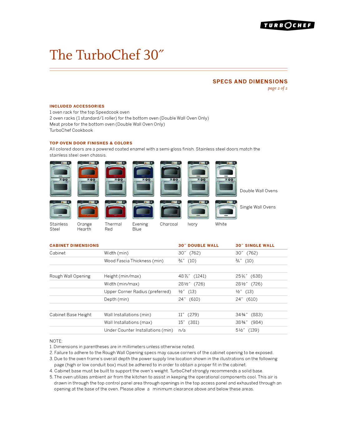 Turbo Chef Technologies 30 Single Wall Specs and dimensions 