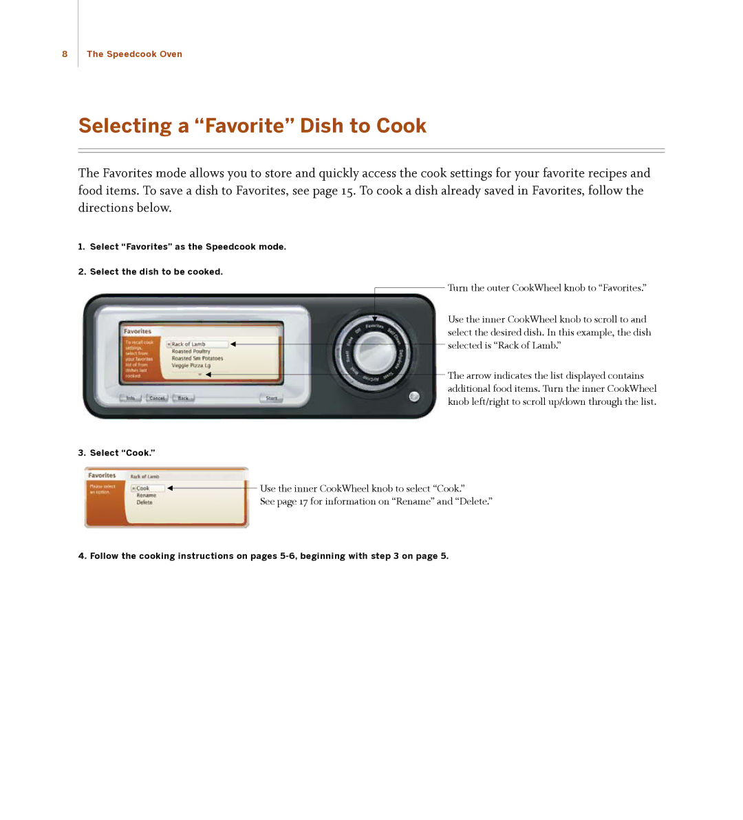 Turbo Chef Technologies 30 manual Selecting a Favorite Dish to Cook, Turn the outer CookWheel knob to Favorites 