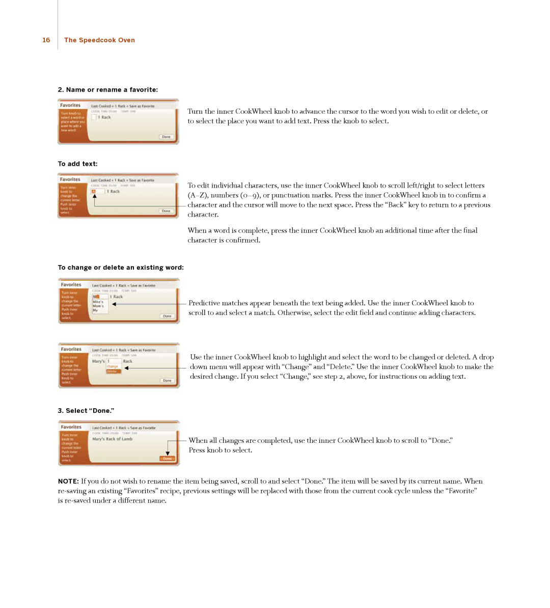 Turbo Chef Technologies 30 manual Name or rename a favorite, To add text, To change or delete an existing word, Select Done 