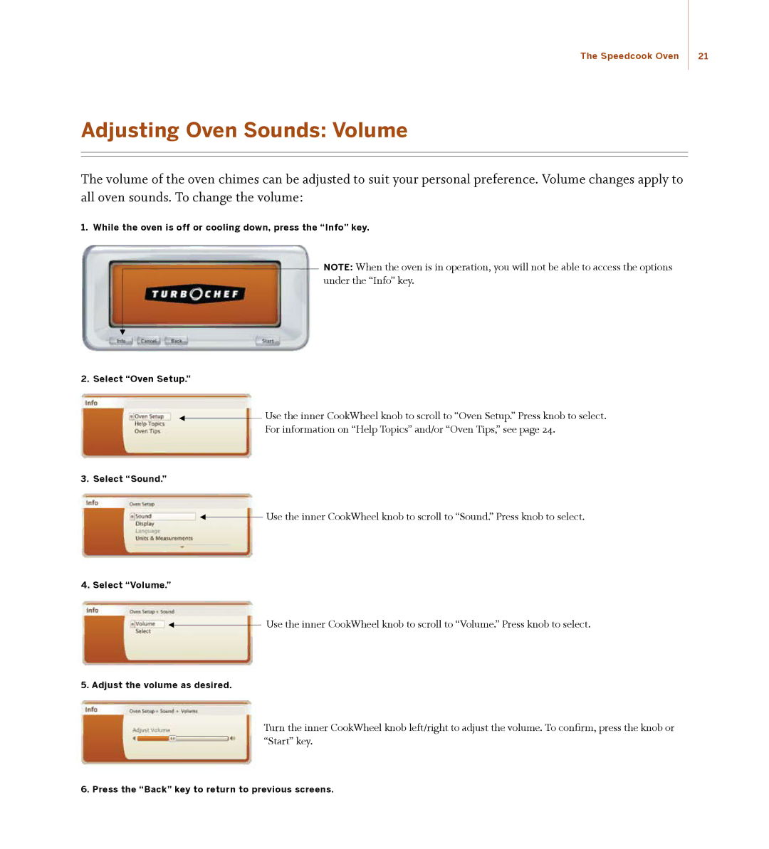 Turbo Chef Technologies 30 manual Adjusting Oven Sounds Volume, Select Sound, Select Volume, Adjust the volume as desired 
