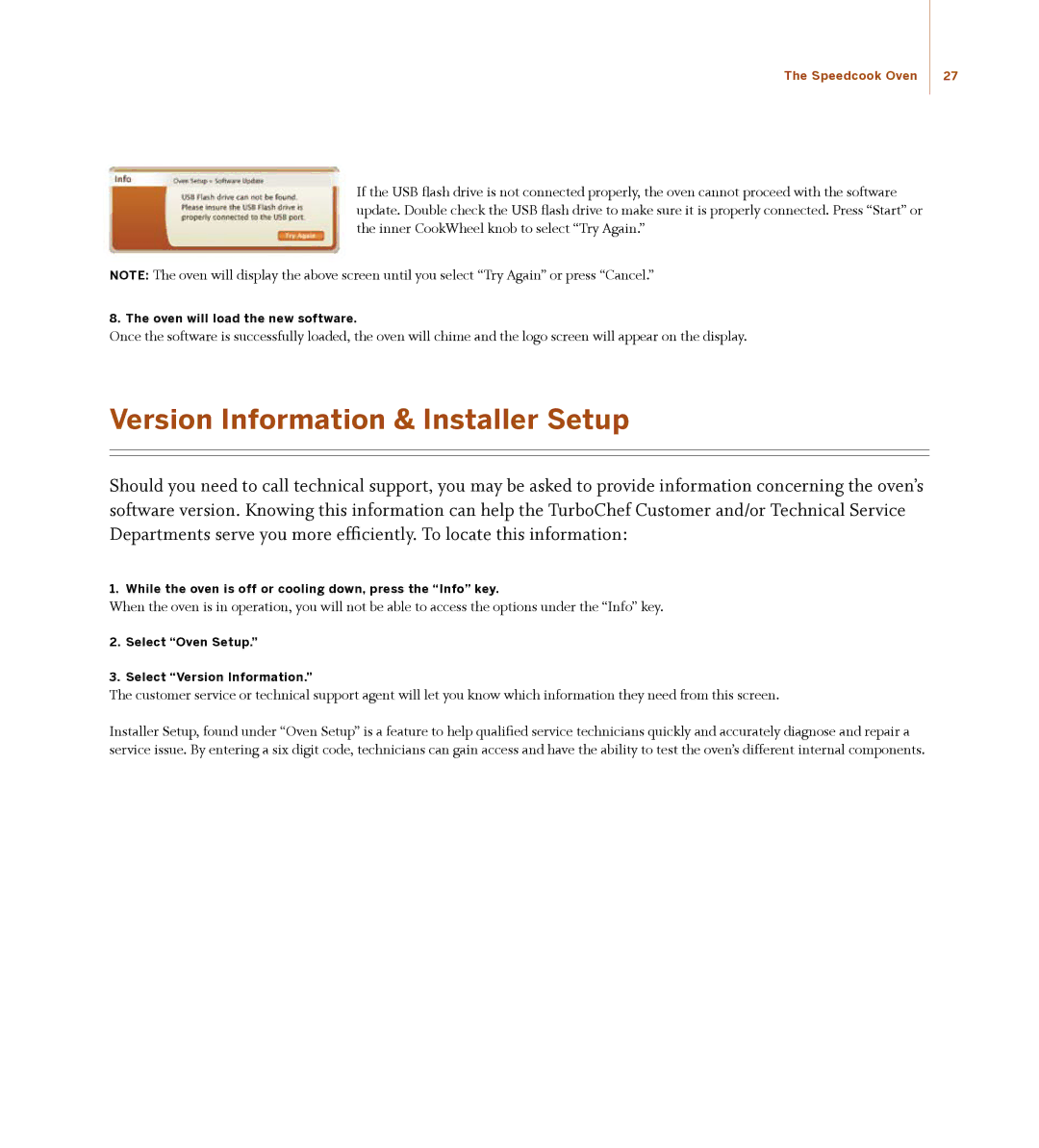 Turbo Chef Technologies 30 manual Version Information & Installer Setup, Oven will load the new software 