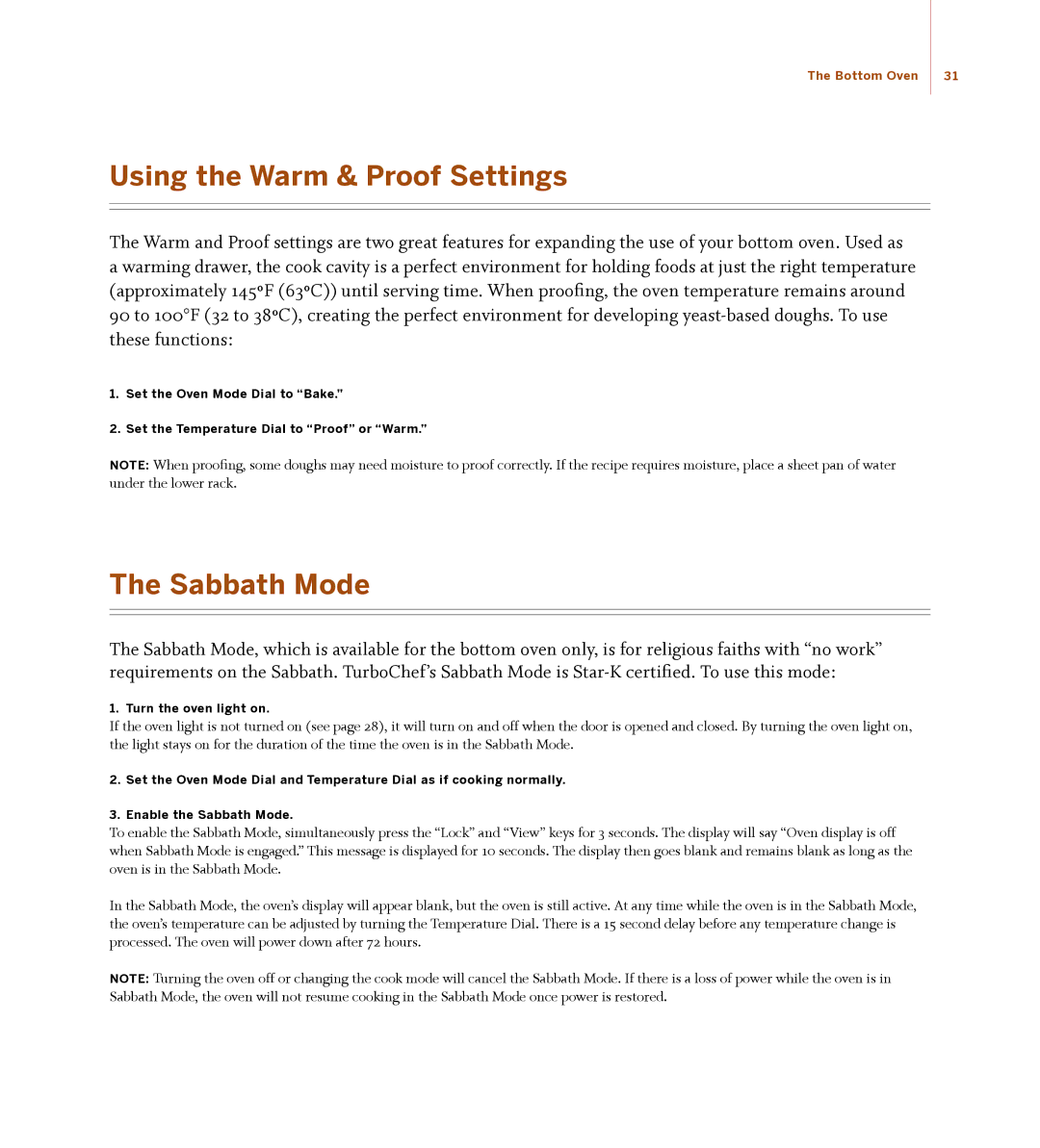 Turbo Chef Technologies 30 manual Using the Warm & Proof Settings, Sabbath Mode, Turn the oven light on 