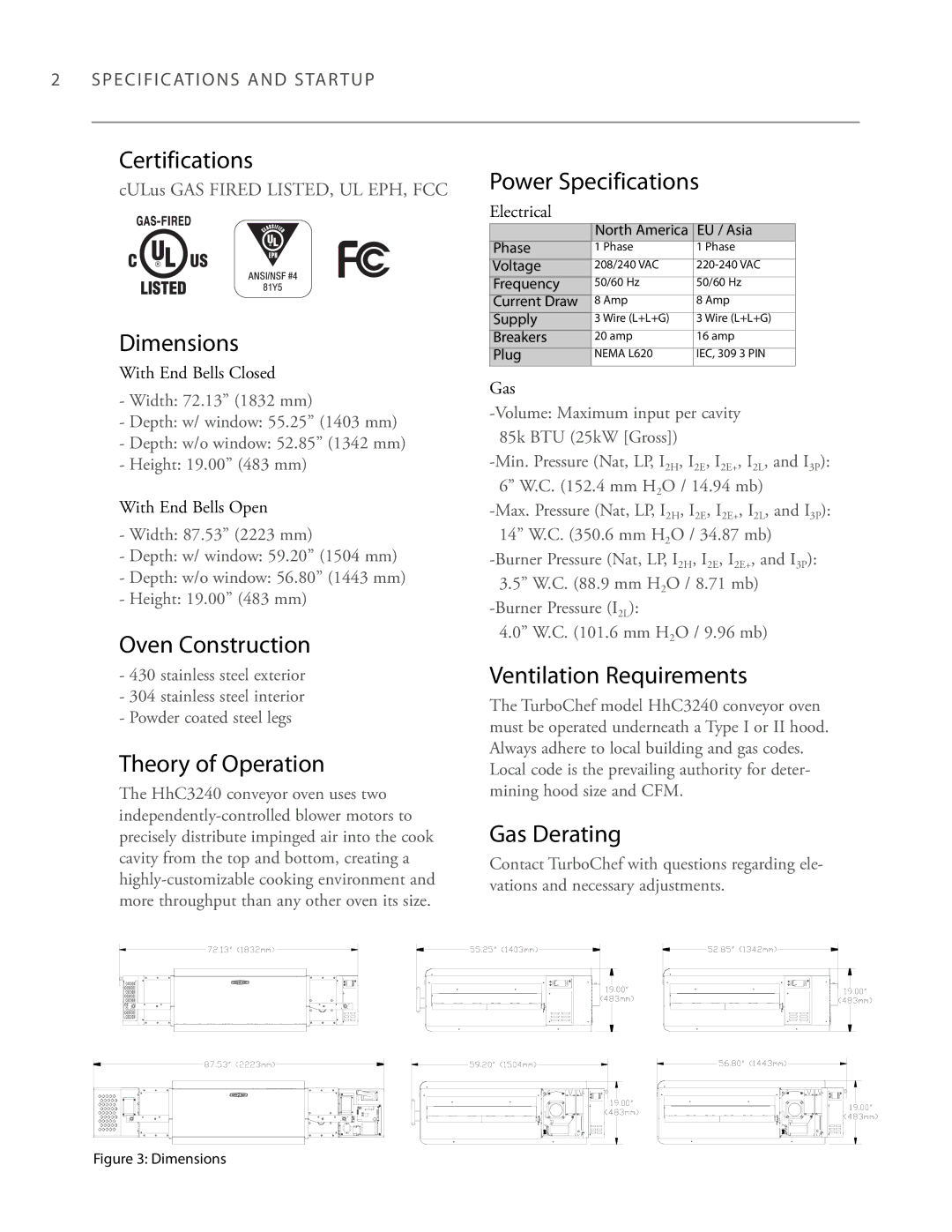 Turbo Chef Technologies 3240 Certifications, Dimensions, Oven Construction, Theory of Operation, Power Specifications 