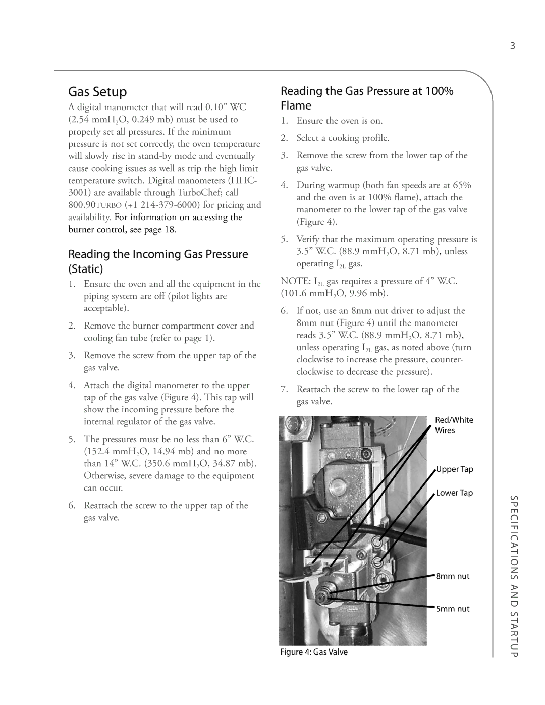 Turbo Chef Technologies 3240 Gas Setup, Reading the Incoming Gas Pressure Static, Reading the Gas Pressure at 100% Flame 