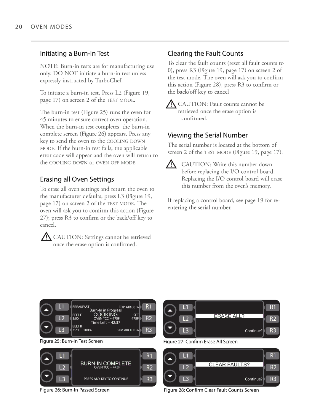 Turbo Chef Technologies 3240 Initiating a Burn-In Test, Erasing all Oven Settings, Viewing the Serial Number, Confirmed 