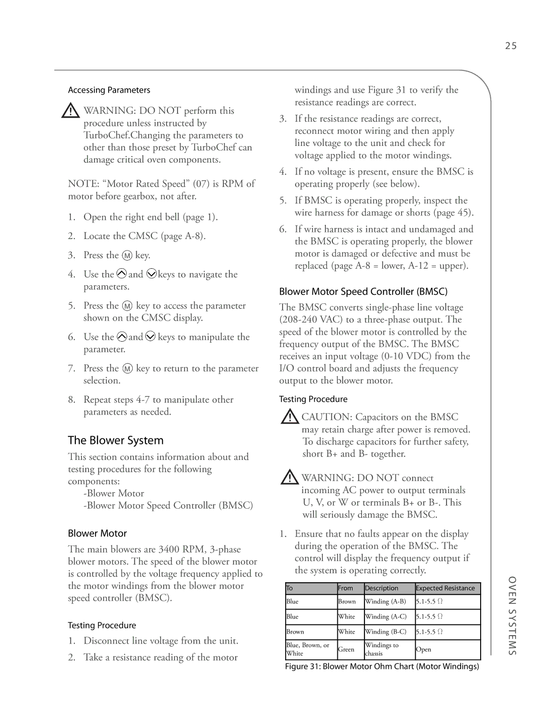 Turbo Chef Technologies 3240 manual Blower System, Blower Motor Ohm Chart Motor Windings 